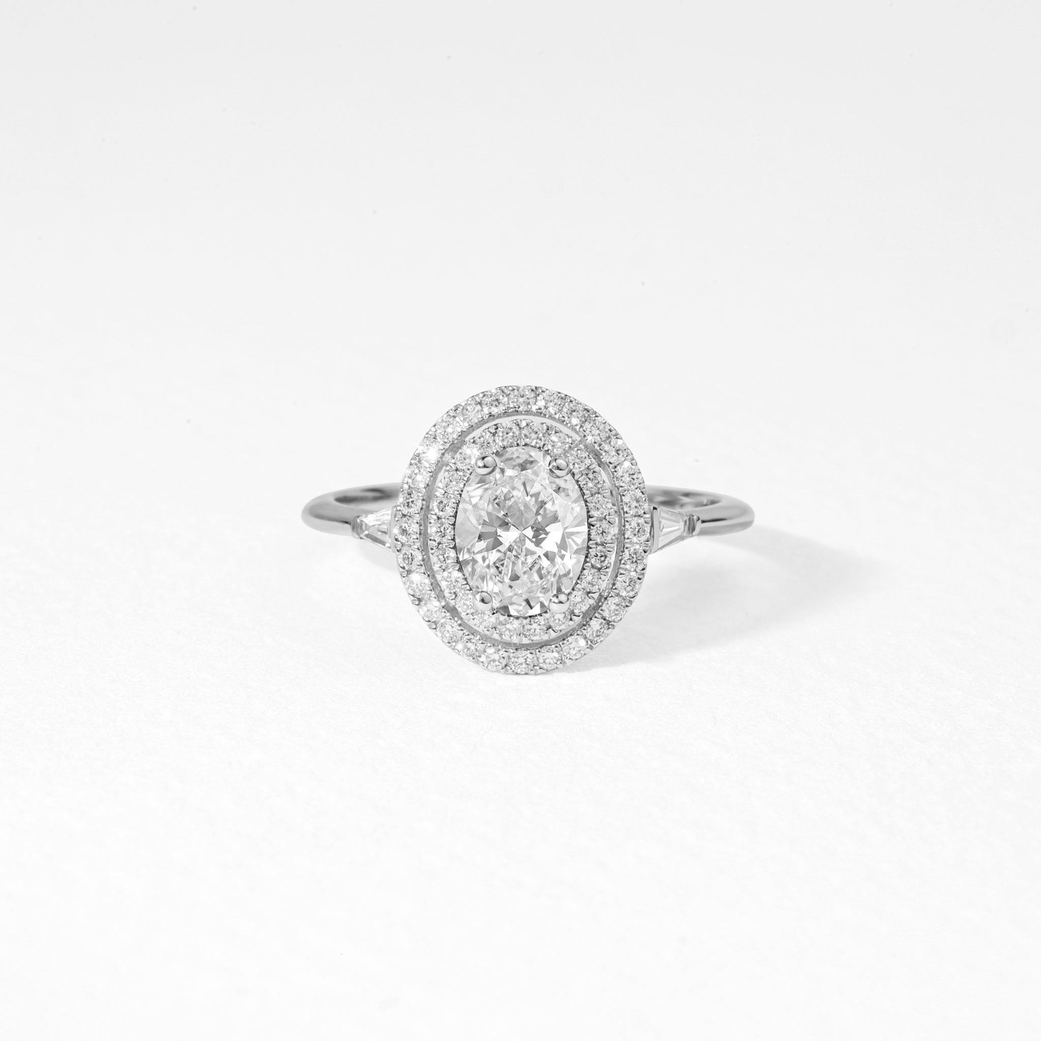 Women's GIA Certified 1.5ct Oval-Cut Diamond Double Halo Engagement Ring – 18K WhiteGold For Sale