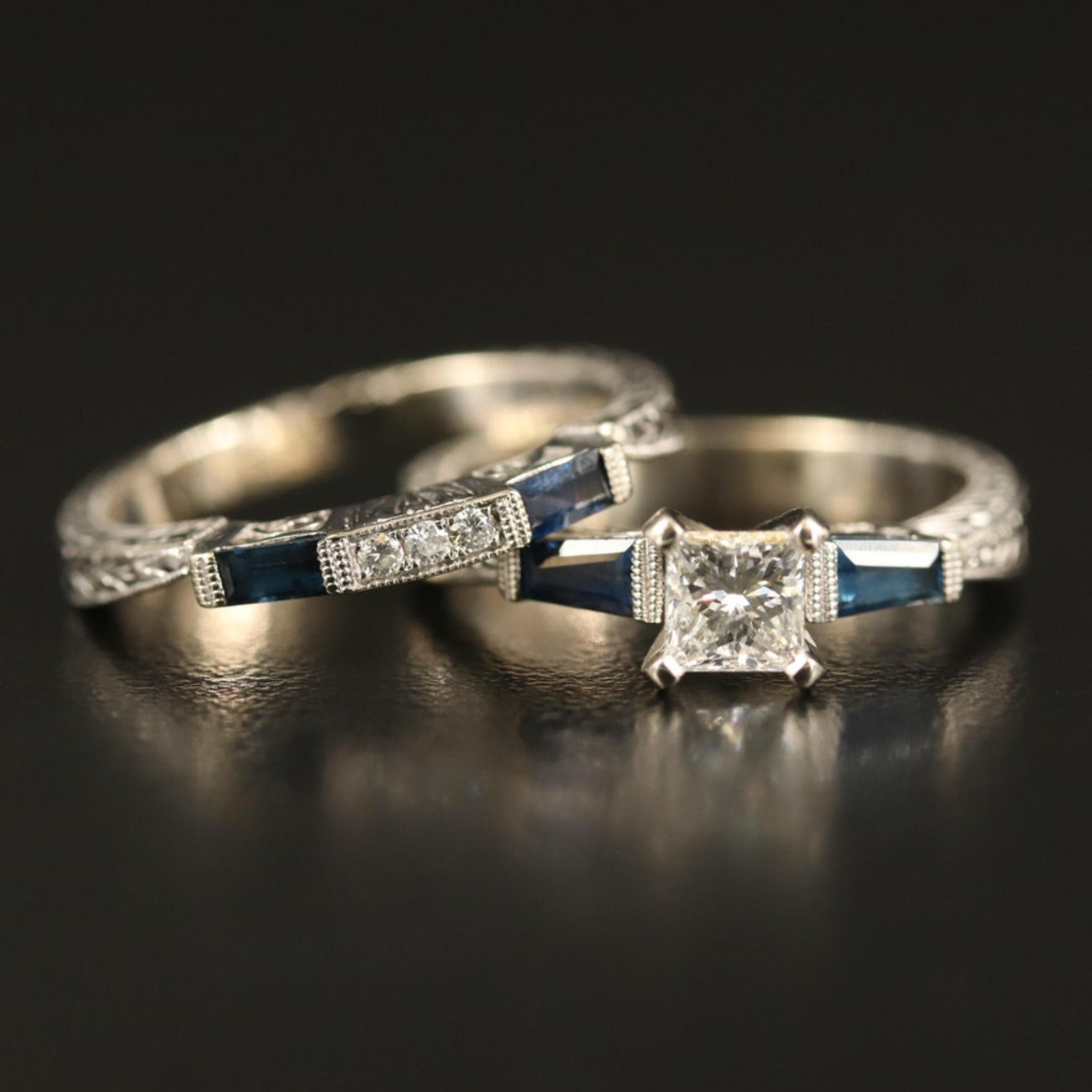 For Sale:  Vintage 1.23 Carat Princess Cut Diamond Sapphire Bridal Ring Set in 18K Gold 2