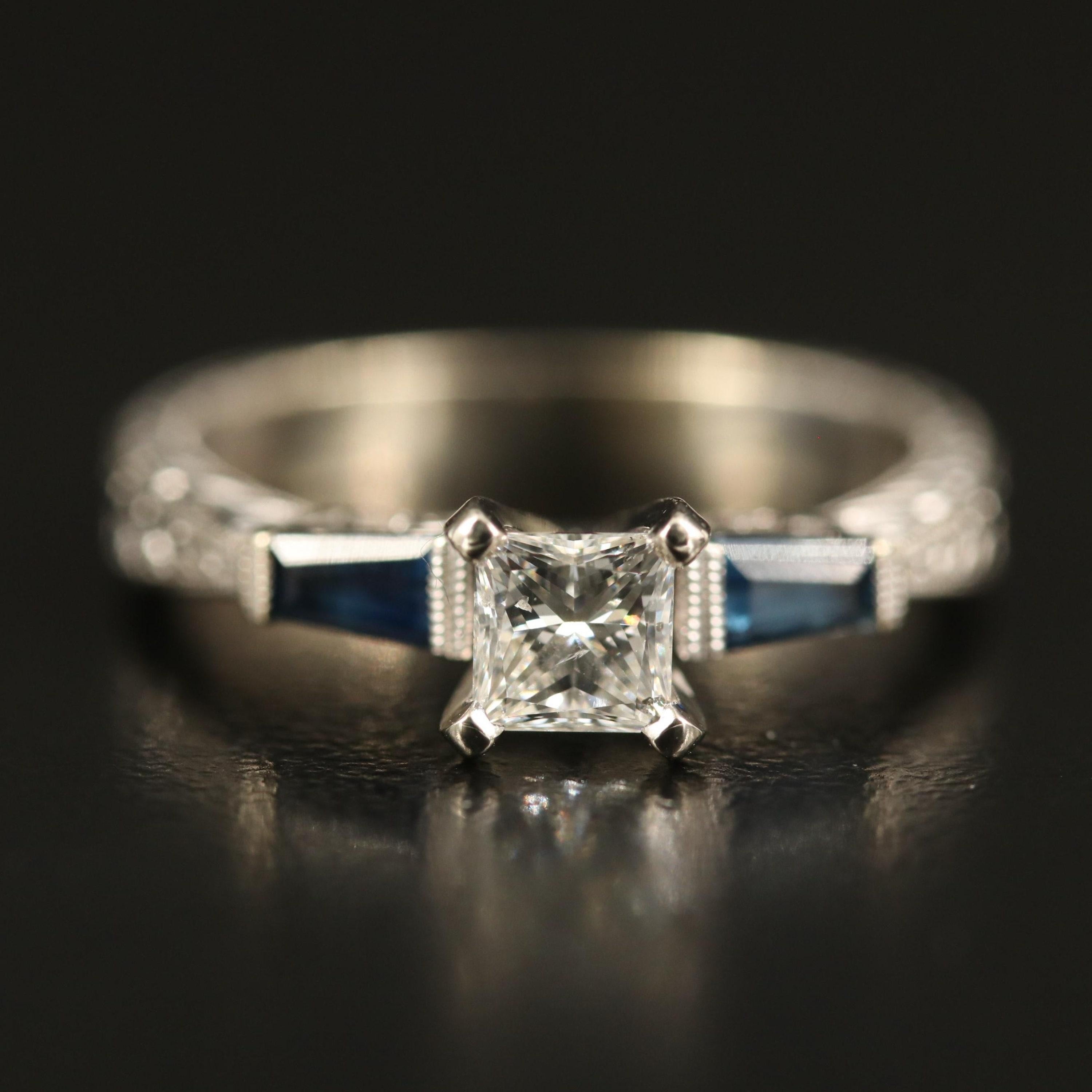 For Sale:  Vintage 1.23 Carat Princess Cut Diamond Sapphire Bridal Ring Set in 18K Gold 5