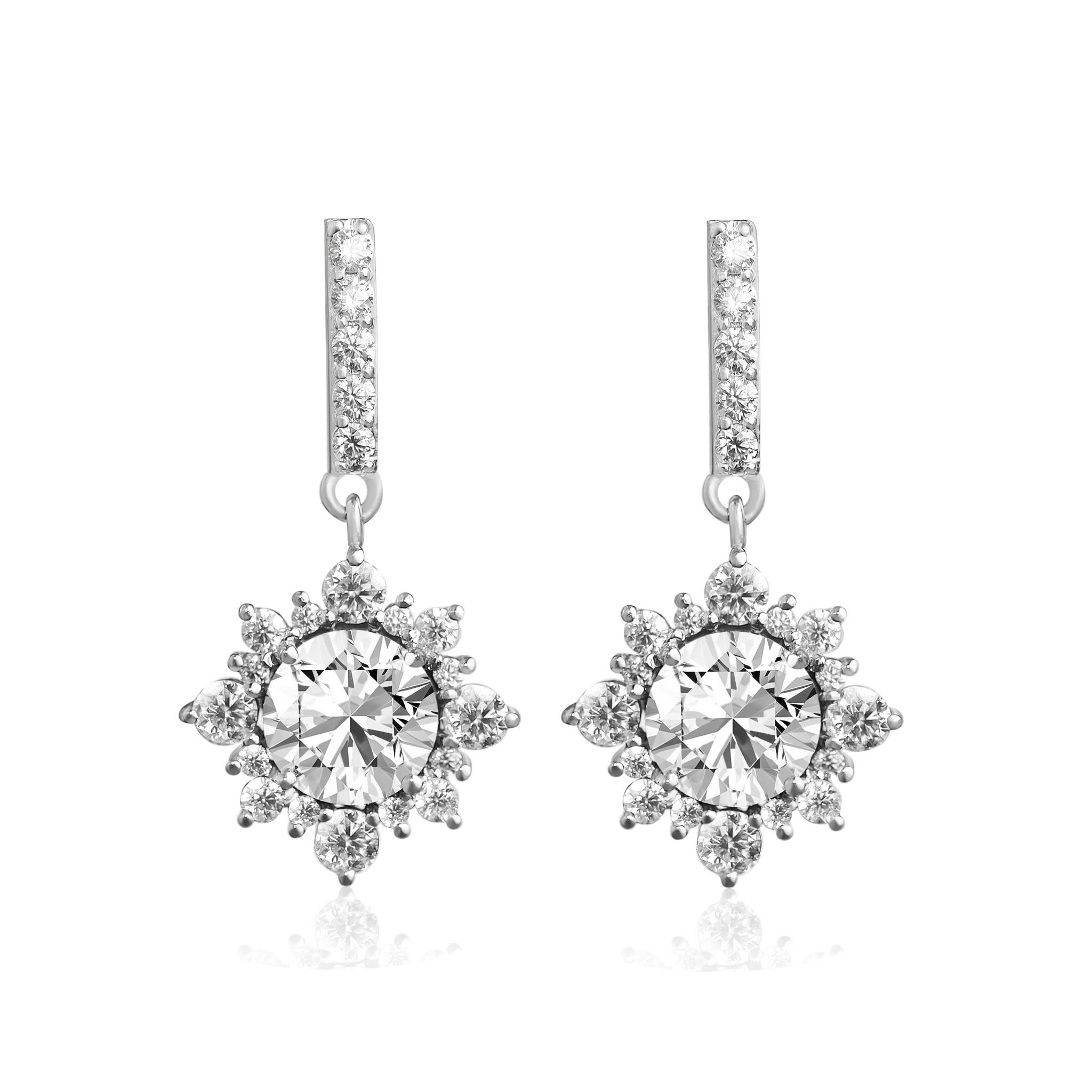 Art Deco GIA Report Certified 2 carats TCW G VS Diamond Round Drop Dangle Earrings  For Sale