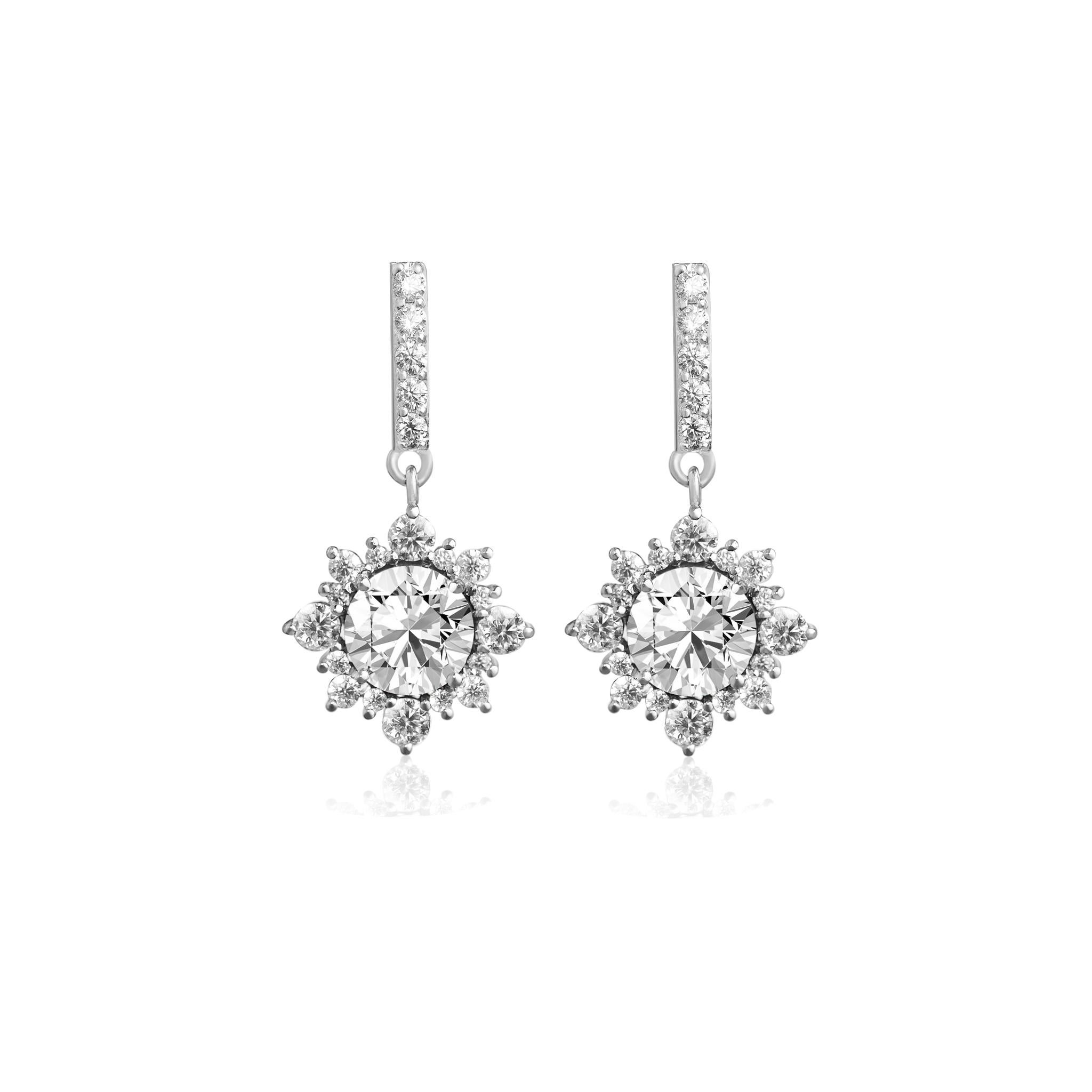 GIA Report Certified 2 carats TCW G VS Diamond Round Drop Dangle Earrings  In New Condition For Sale In Jaipur, RJ