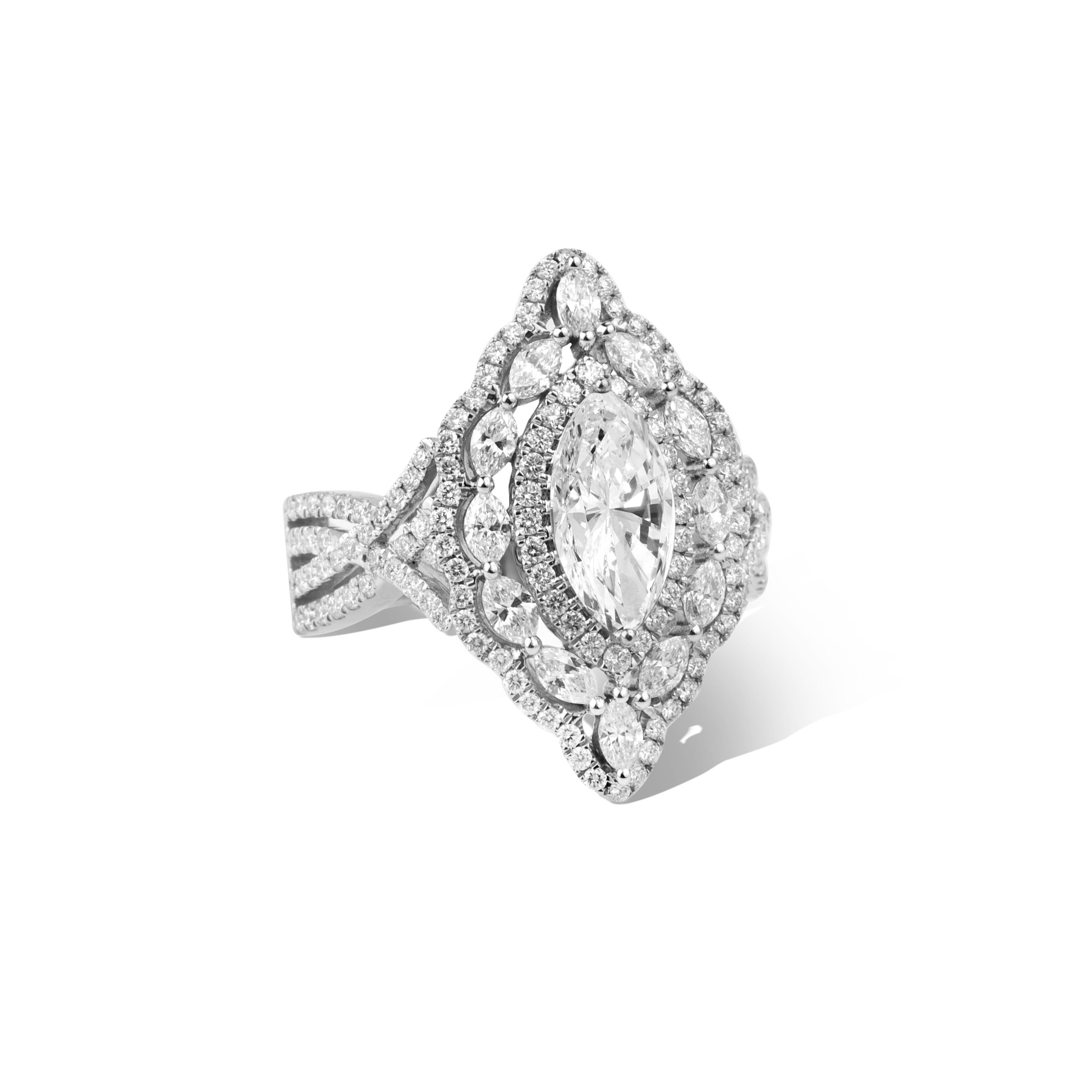 GIA Report Certified 2 Ct Marquise G VS Diamond Halo Cocktail Ring In New Condition For Sale In Jaipur, RJ