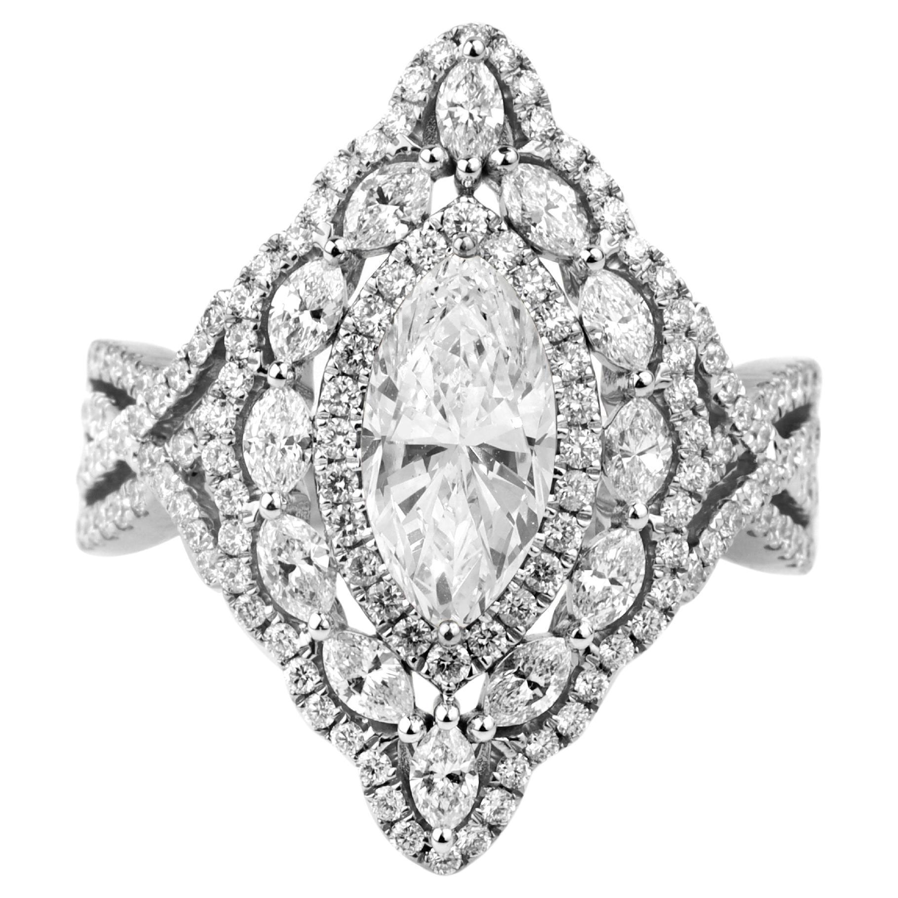 GIA Report Certified 2 Ct Marquise G VS Diamond Halo Cocktail Ring