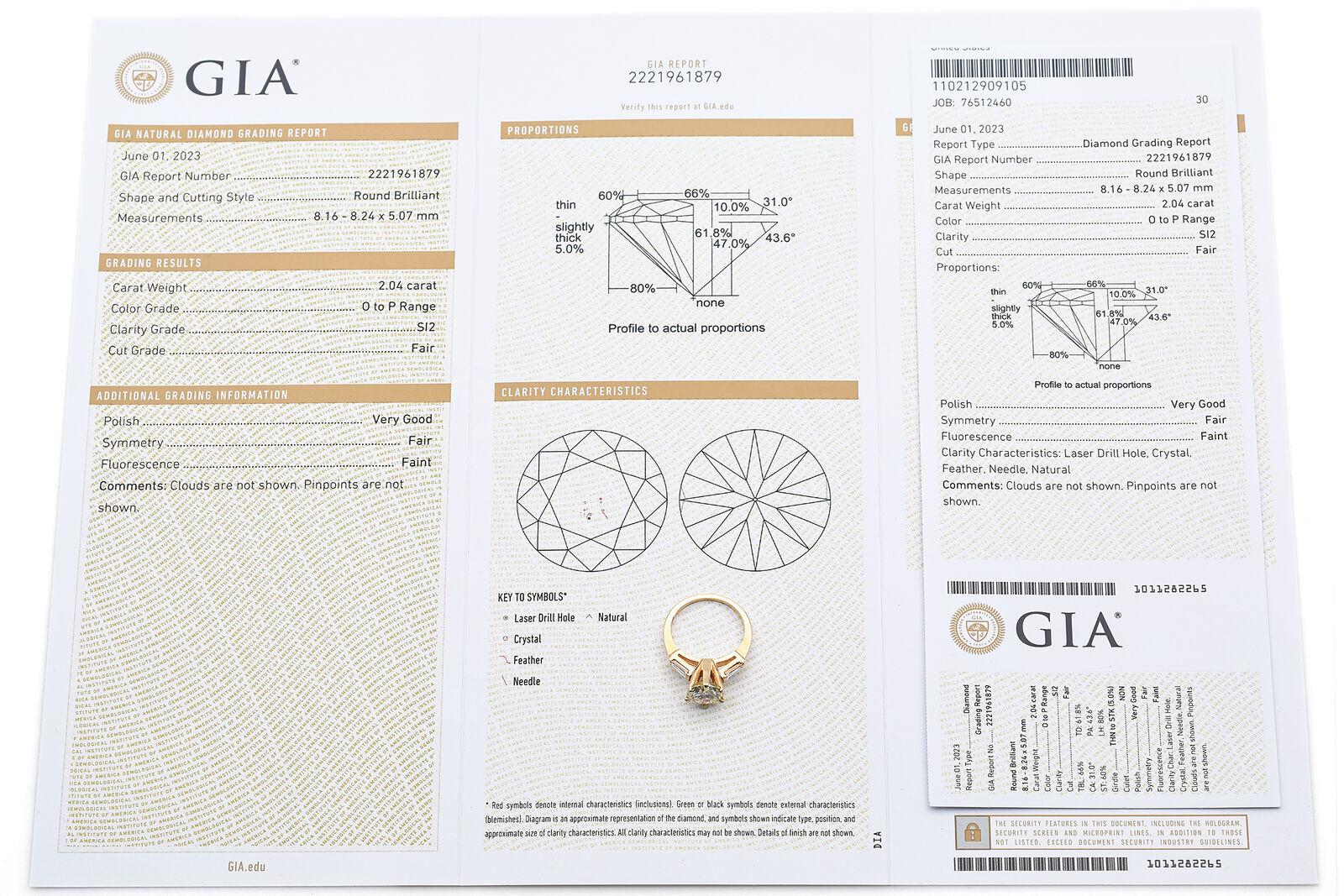 GIA Report Certified 2.04 Ct Round Brilliant Center Diamond Yellow Gold Ring For Sale 2