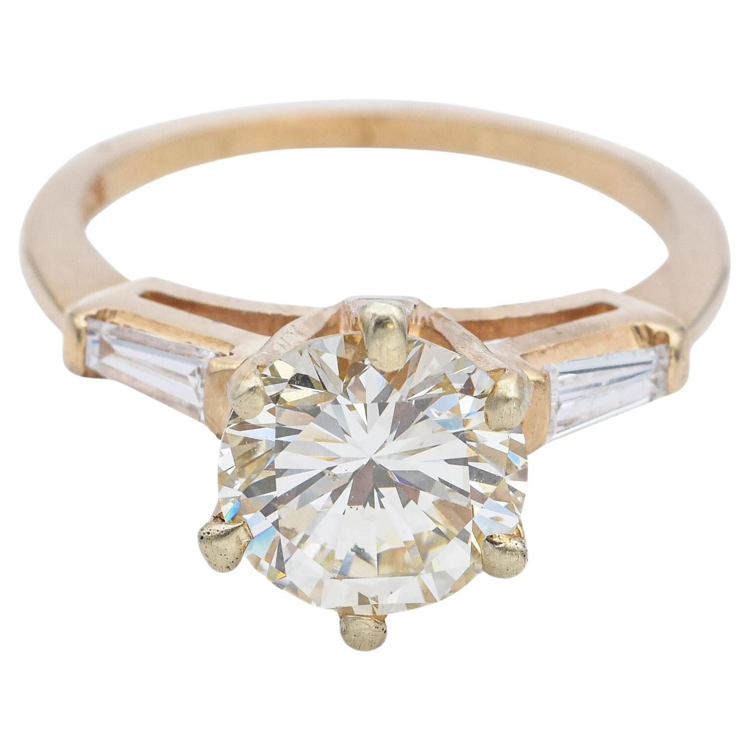 GIA Report Certified 2.04 Ct Round Brilliant Center Diamond Yellow Gold Ring