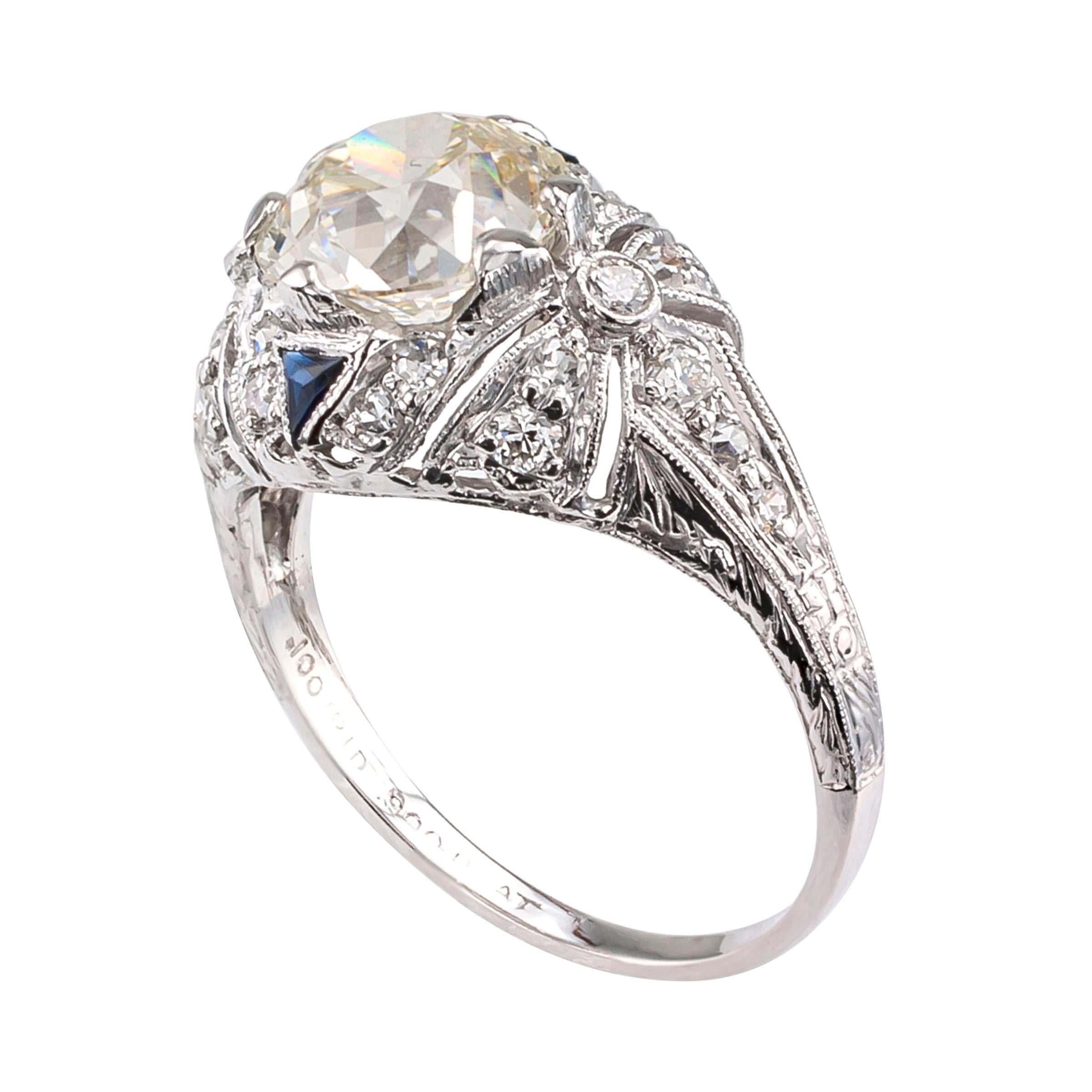 Old European Cut GIA Report Certified 2.10 Carat Diamond Art Deco Engagement Ring