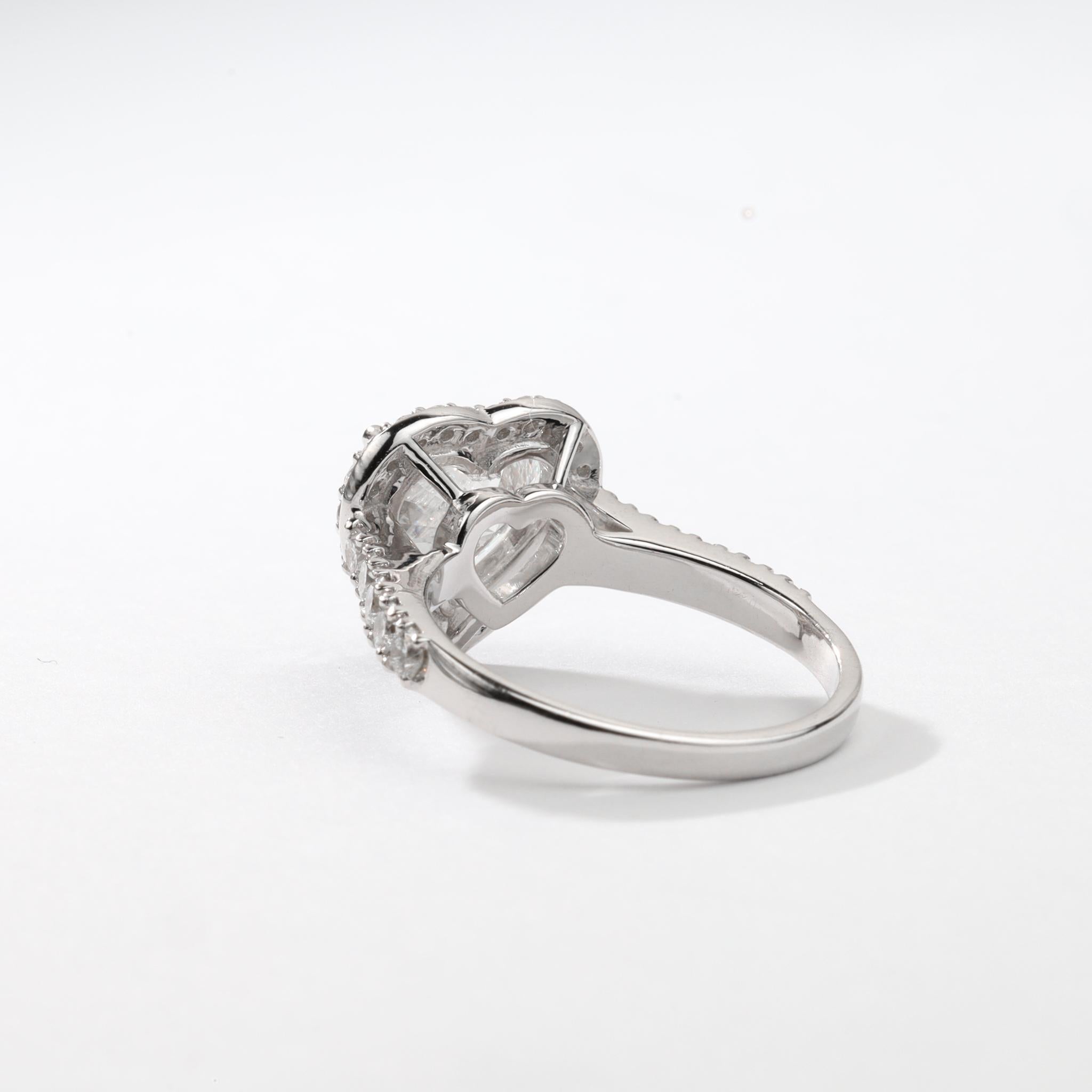 Cushion Cut GIA Report Certified 2.5 carat Heart Halo Engagement Ring in 18k White Gold For Sale