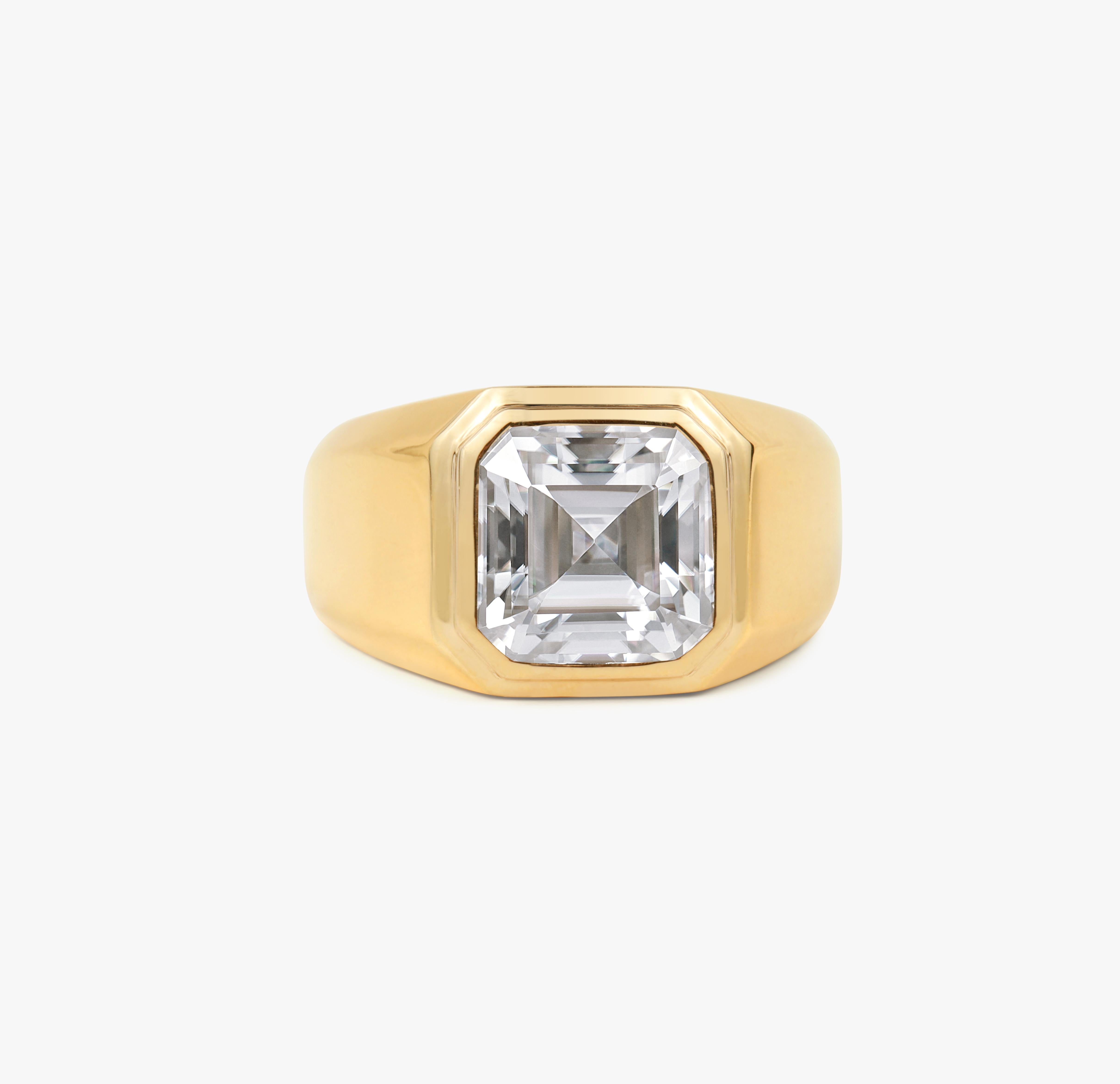 GIA Report Certified 3 Carat Asscher Cut Diamond in 18k Yellow Gold Signet Ring 
Signet Ring for Men and Women in 18k Solid Gold  

Available in 18k Yellow gold.

Same design can be made also with other custom gemstones per request.

Product