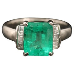 Certified 3 Carat Natural Emerald and Diamond White Gold Bridal Signet Ring
