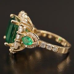 Art Deco 3 Carat Natural Emerald Diamond Cocktail Ring, 18K Gold Engagement Ring