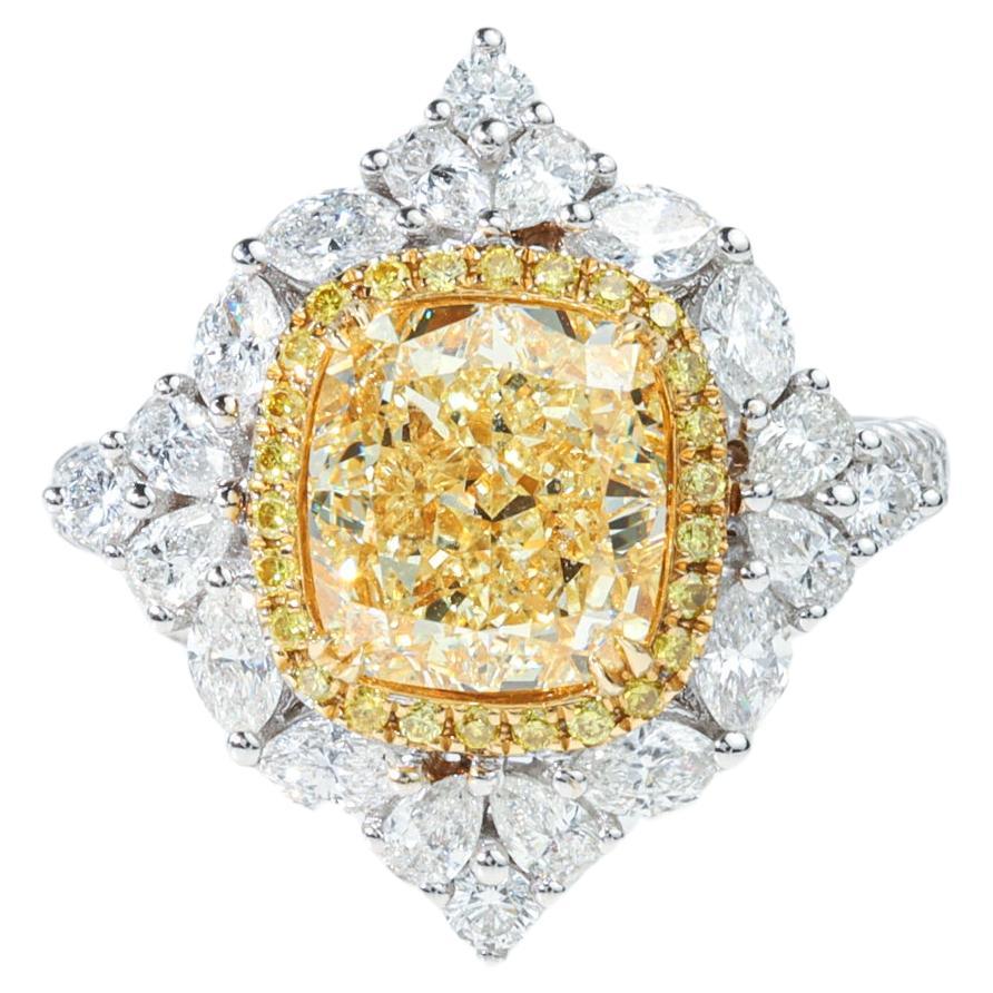 GIA Report Certified 3 Carat Fancy Light Yellow Cushion Diamond Engagement Ring