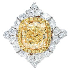 GIA Report Certified 3 Carat Fancy Light Yellow Cushion Diamond Engagement Ring