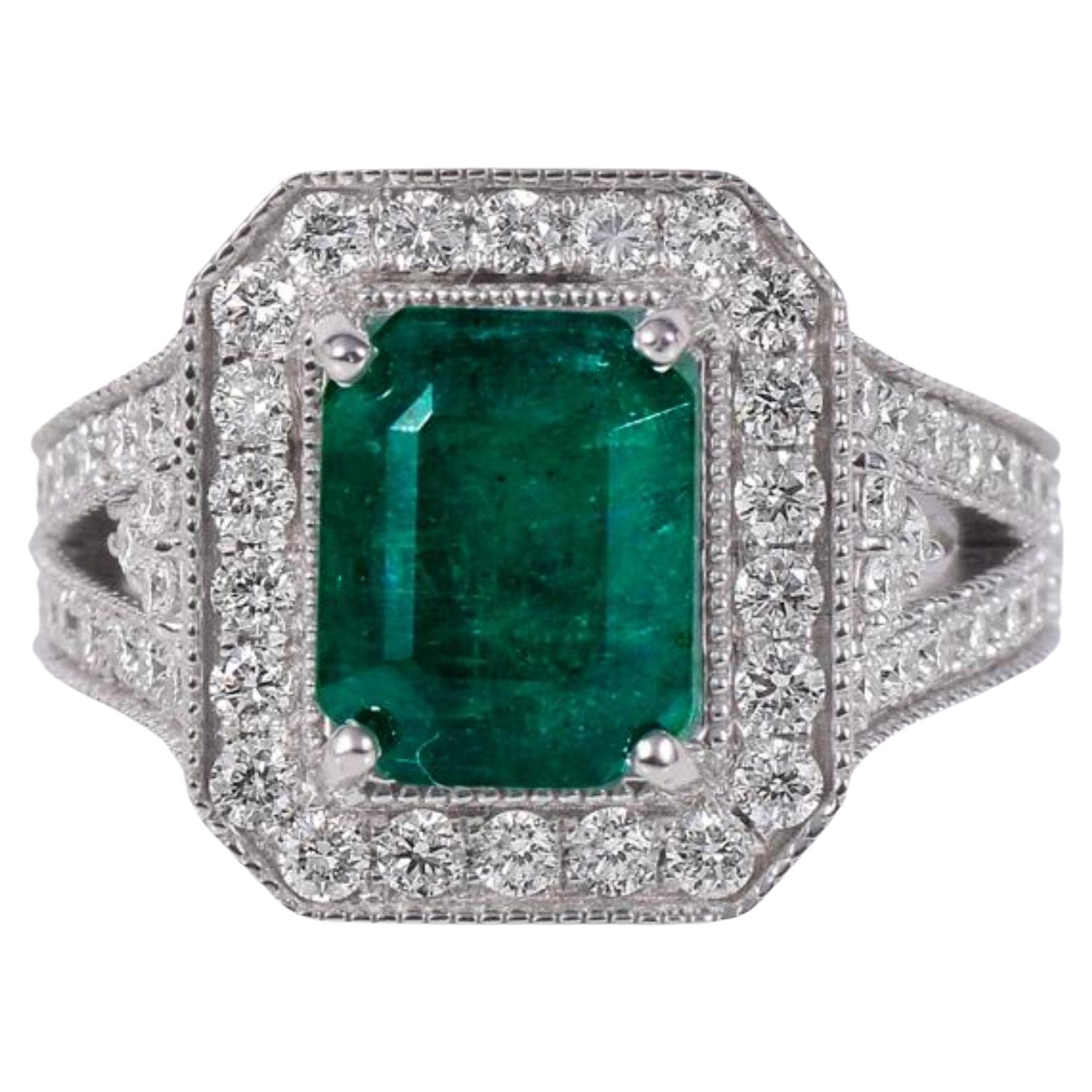 For Sale:  Art Deco 3.01 Carat Emerald and Diamond White Gold Engagement Ring Wedding Ring