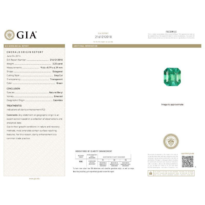 Gia Report Certified 3.20 Ct. Colombian Emerald and Diamond Platinum Ring For Sale 3