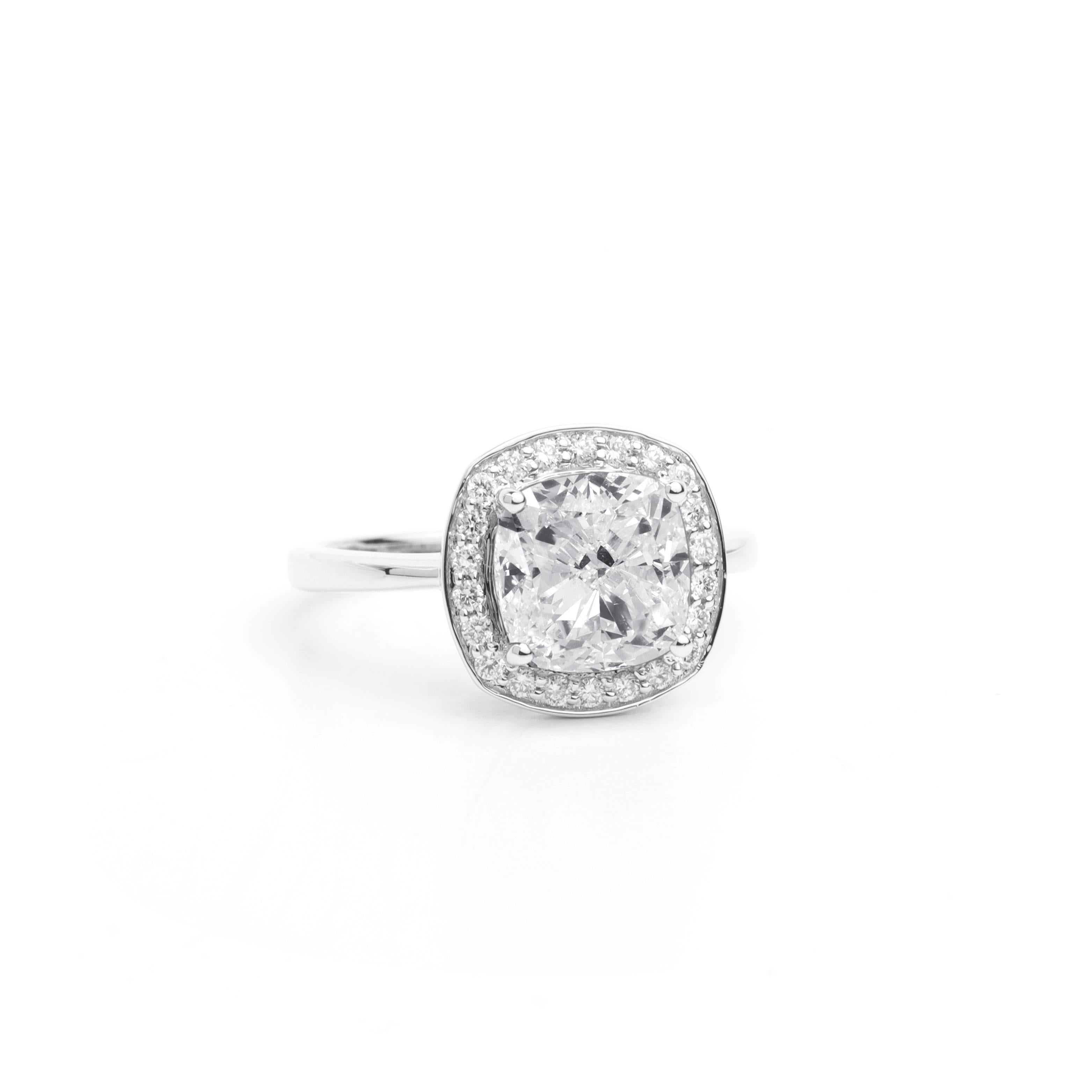 Art Deco GIA Report Certified 3.5 Carat F VS Cushion Cut Diamond 18k Halo Engagement Ring For Sale