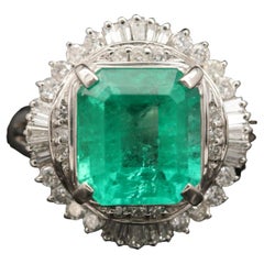 3.59 Carat Floral Radiant Cut Emerald and Diamond White Gold Engagement Ring