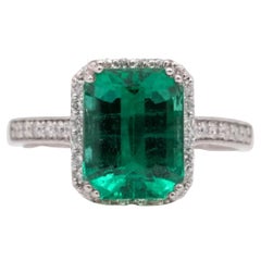 Certified 3.67 Carat Halo Emerald Diamond Half Eternity Engagement Band Ring
