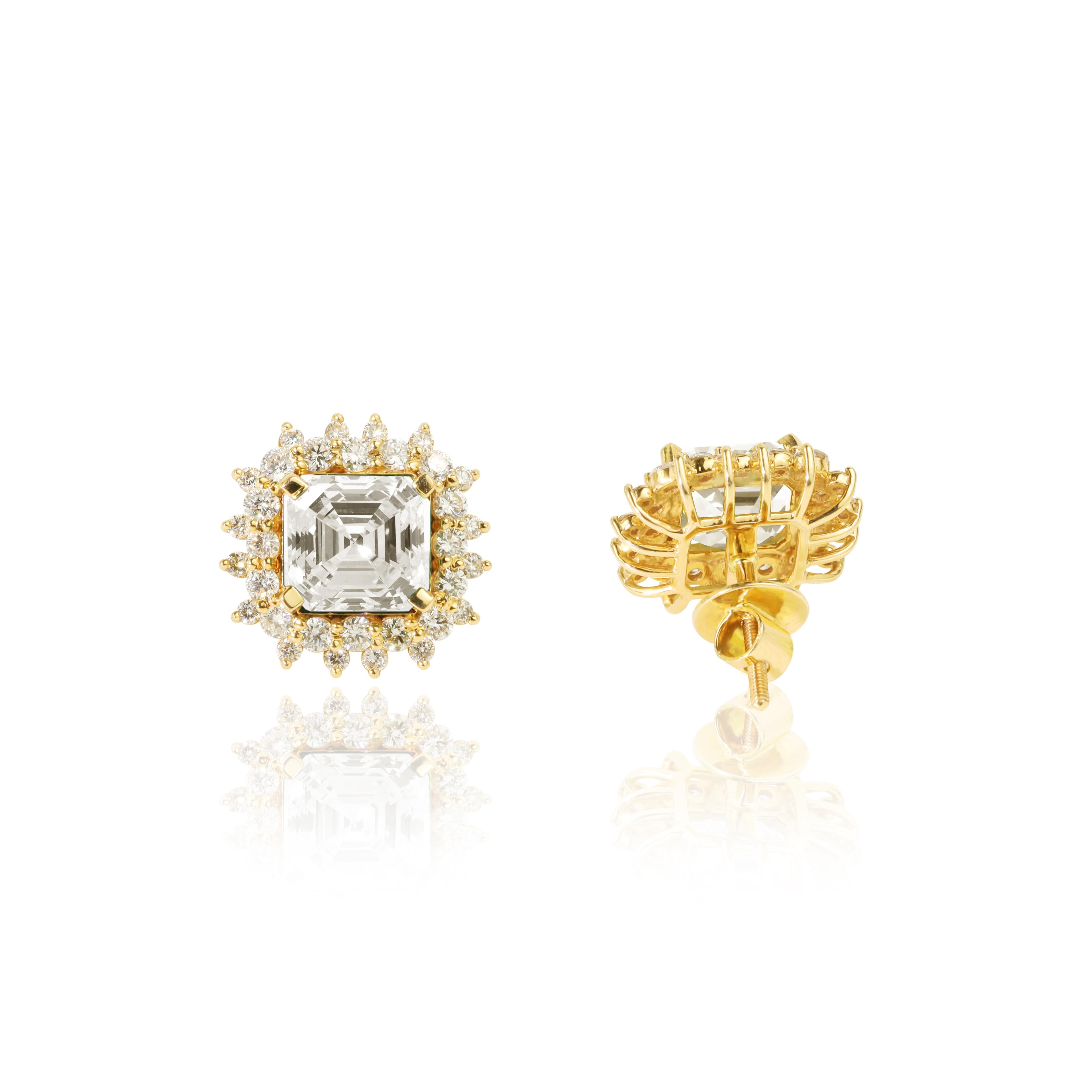 Art Deco GIA Report Certified 4 Carat Asscher G VS Natural Diamond Halo Stud Earrings For Sale