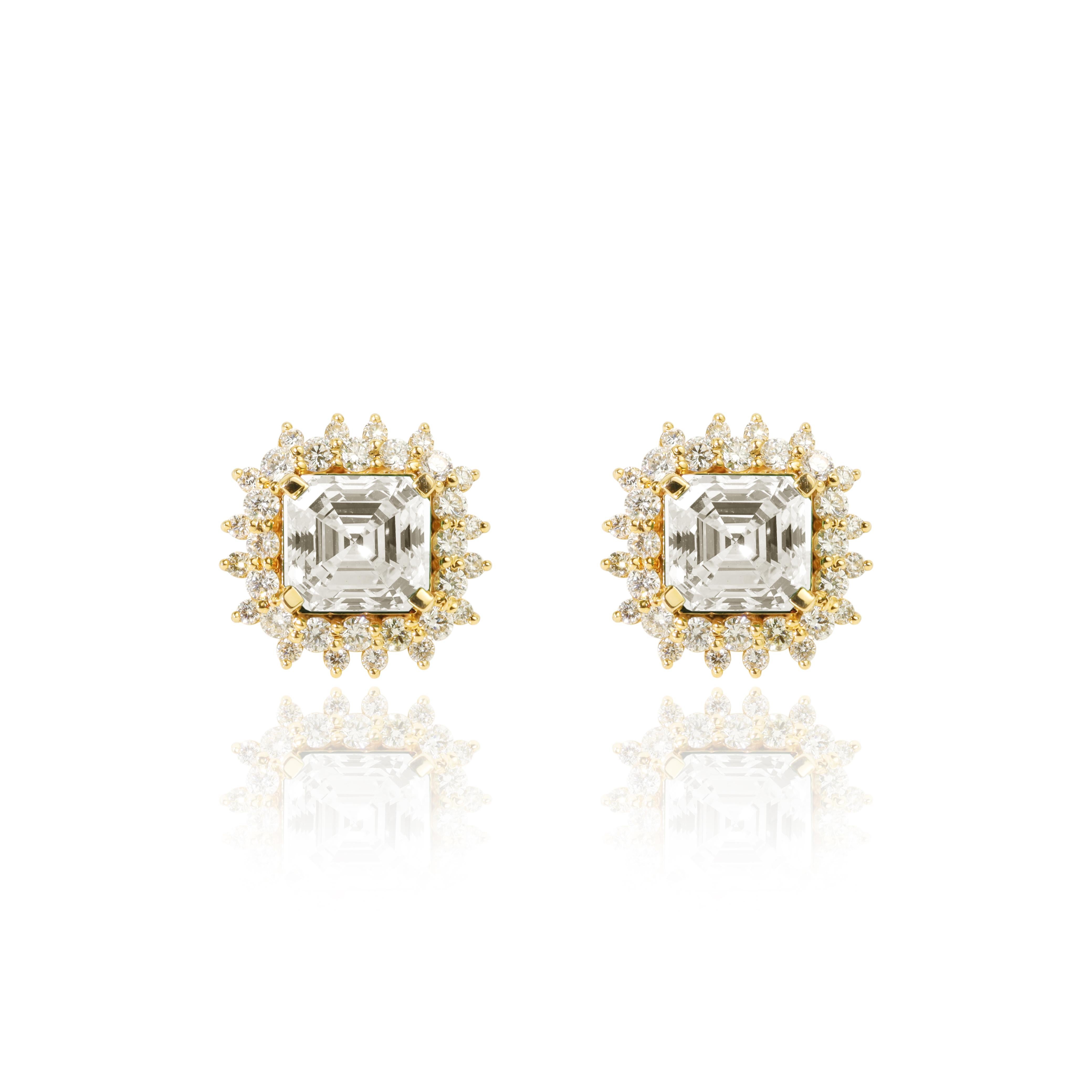 Emerald Cut GIA Report Certified 4 Carat Asscher G VS Natural Diamond Halo Stud Earrings For Sale