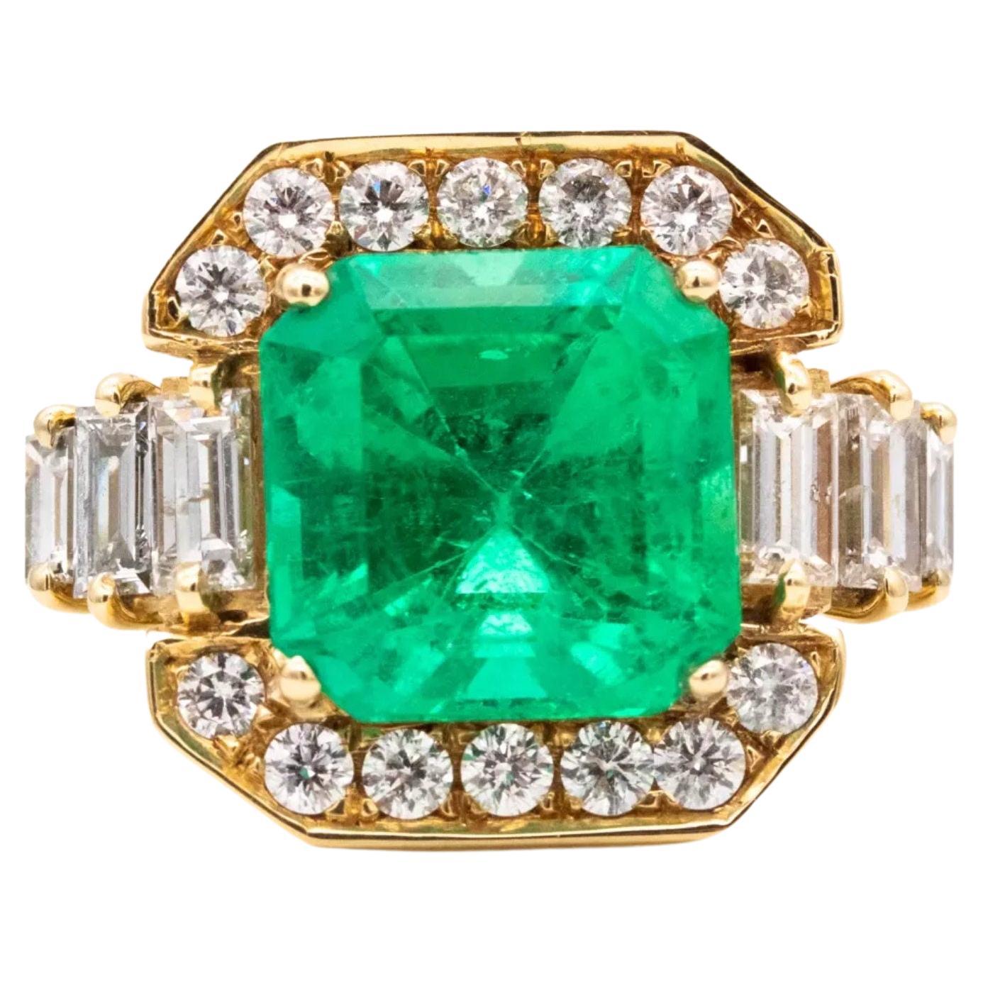 For Sale:  Certified 4.03 Carat Emerald Diamond Vintage Style Cocktail Ring in 18K Gold
