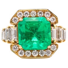 GIA Report Certified 4 Carat Emerald and Diamond Yellow Gold Engagement Ring