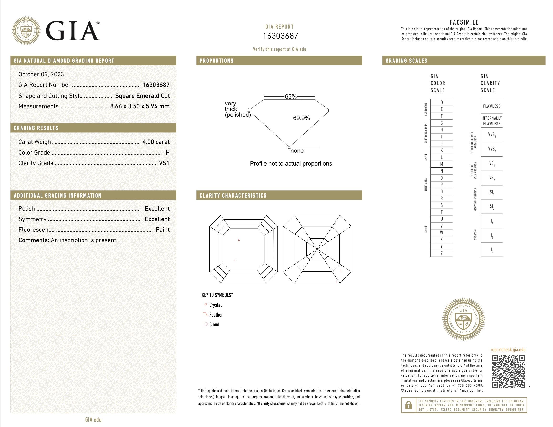 Men's GIA Report Certified 4 Carat H VS Asscher Cut Diamond 18k Gold Signet Ring For Sale