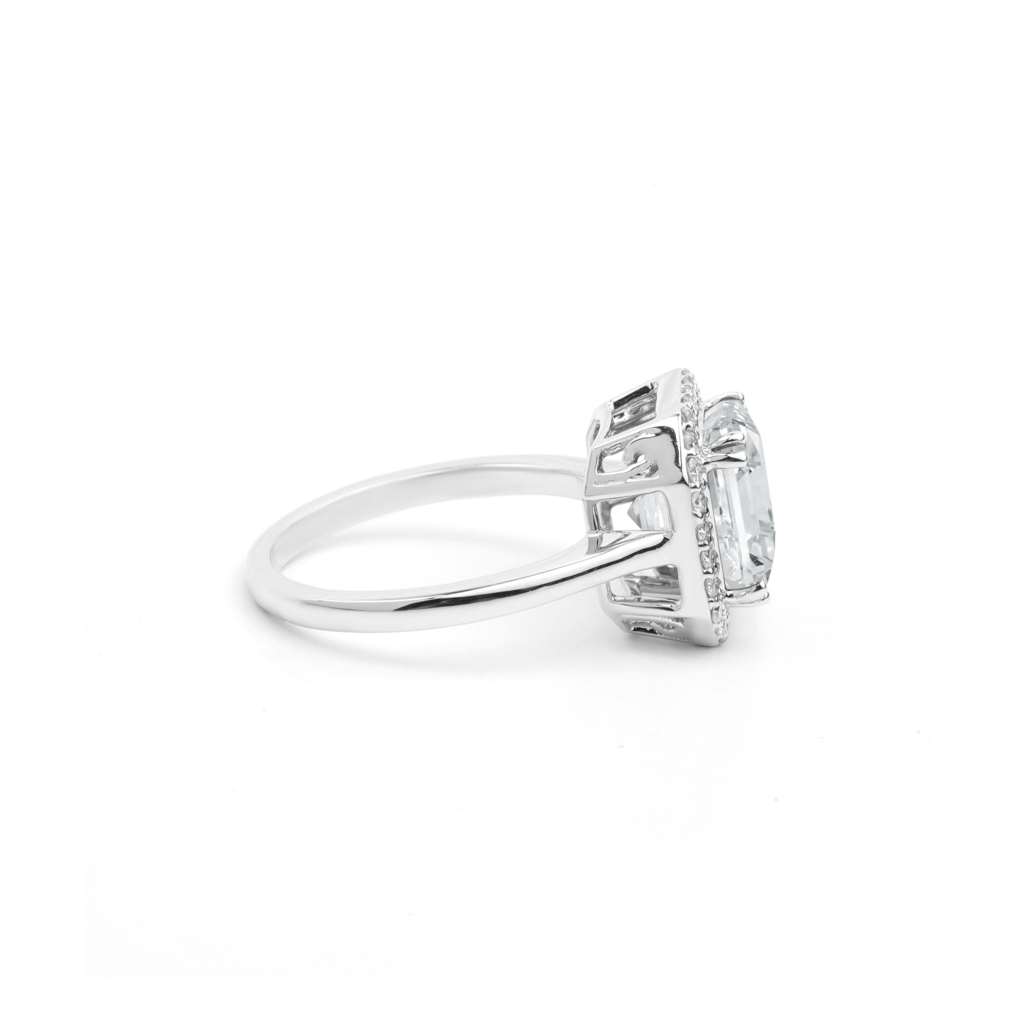 Art Deco GIA Report Certified 4 Carat H VS Asscher Cut Diamond 18k Halo Engagement Ring For Sale