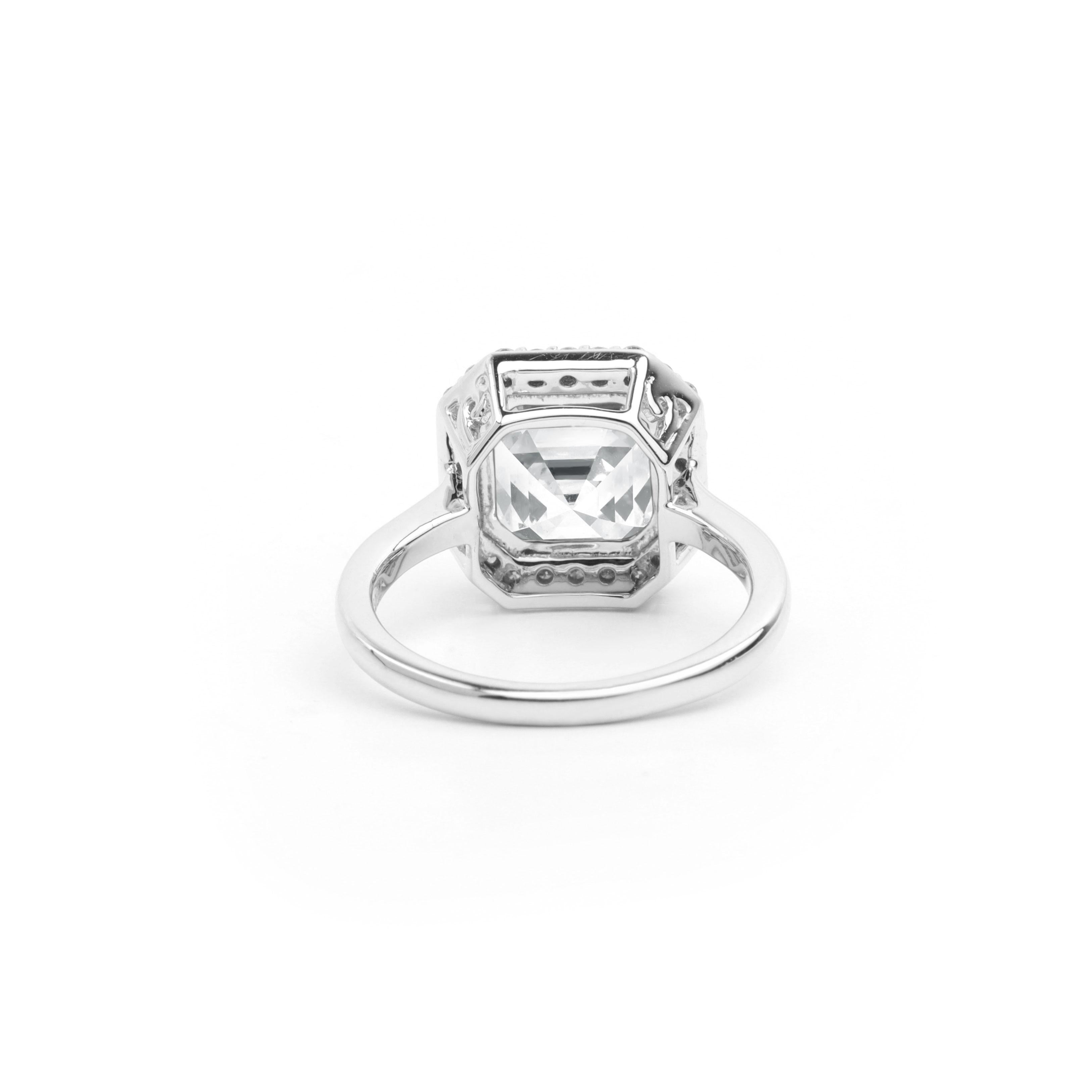 Oval Cut GIA Report Certified 4 Carat H VS Asscher Cut Diamond 18k Halo Engagement Ring For Sale