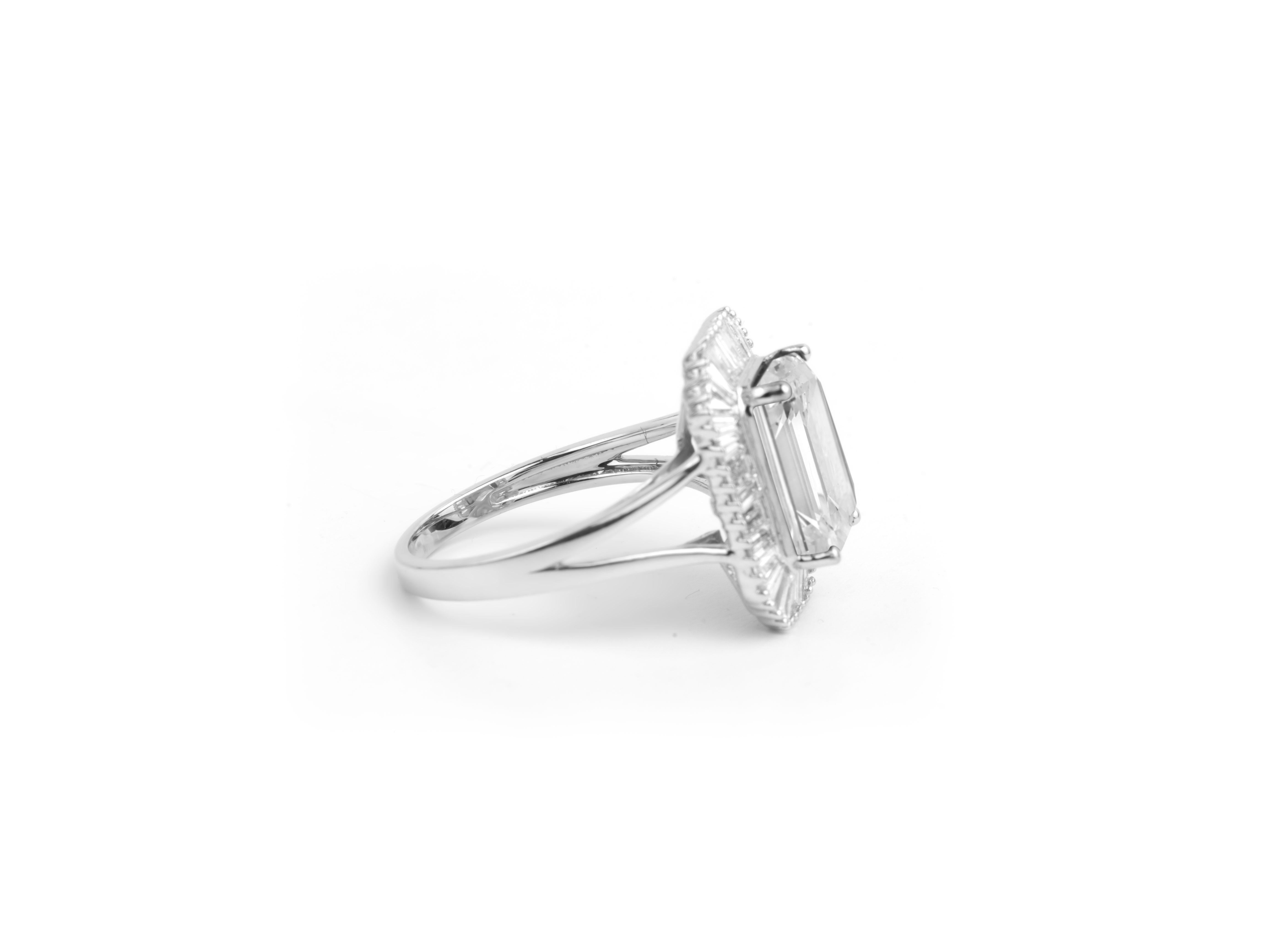 GIA Report Certified 4 Carat G VS Emerald Cut Diamond 18k Halo Engagement Ring In New Condition For Sale In Jaipur, RJ