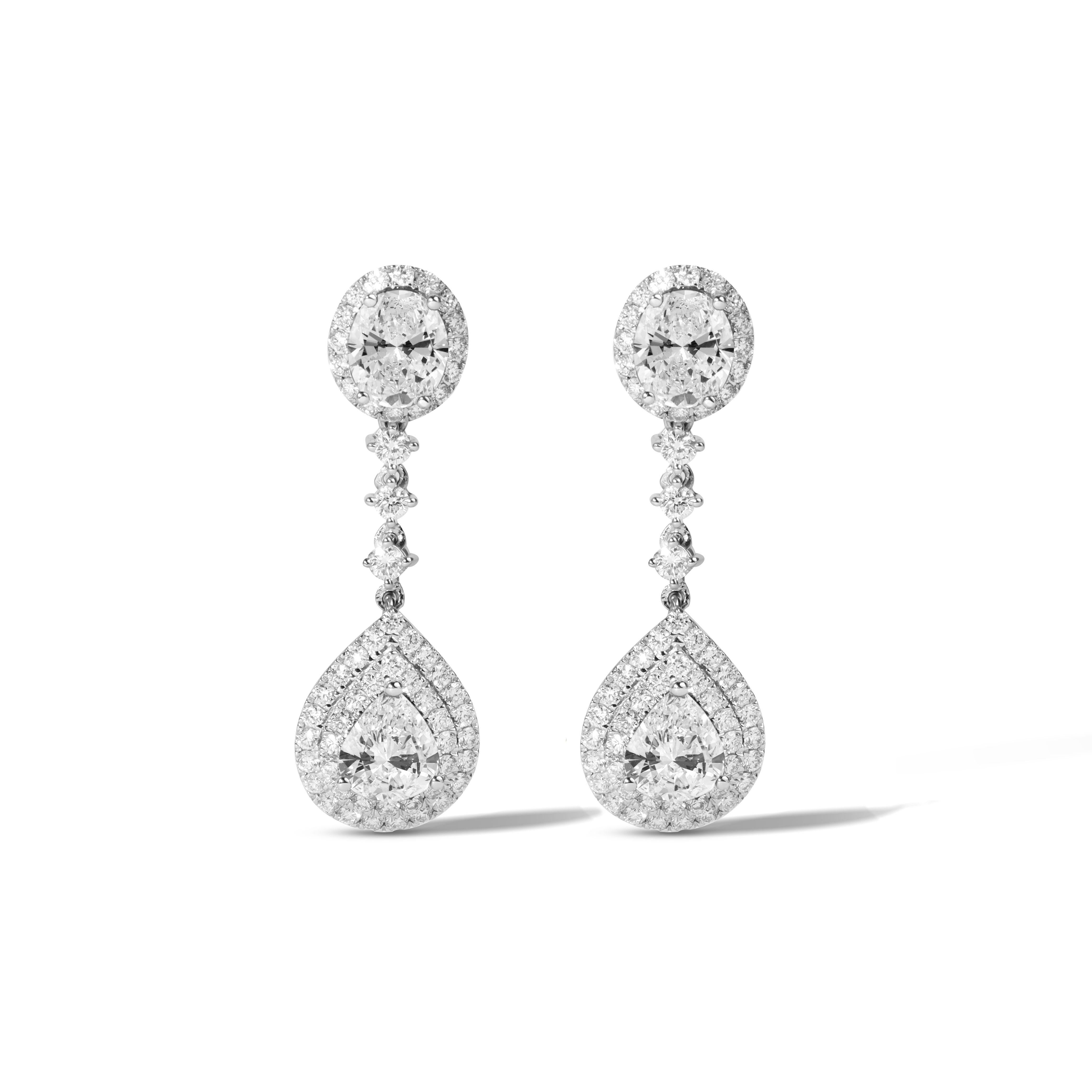 Art Deco GIA Certified 4TCW Pear &Oval-Cut Diamond Halo Dangle Earrings in 18K White Gold For Sale