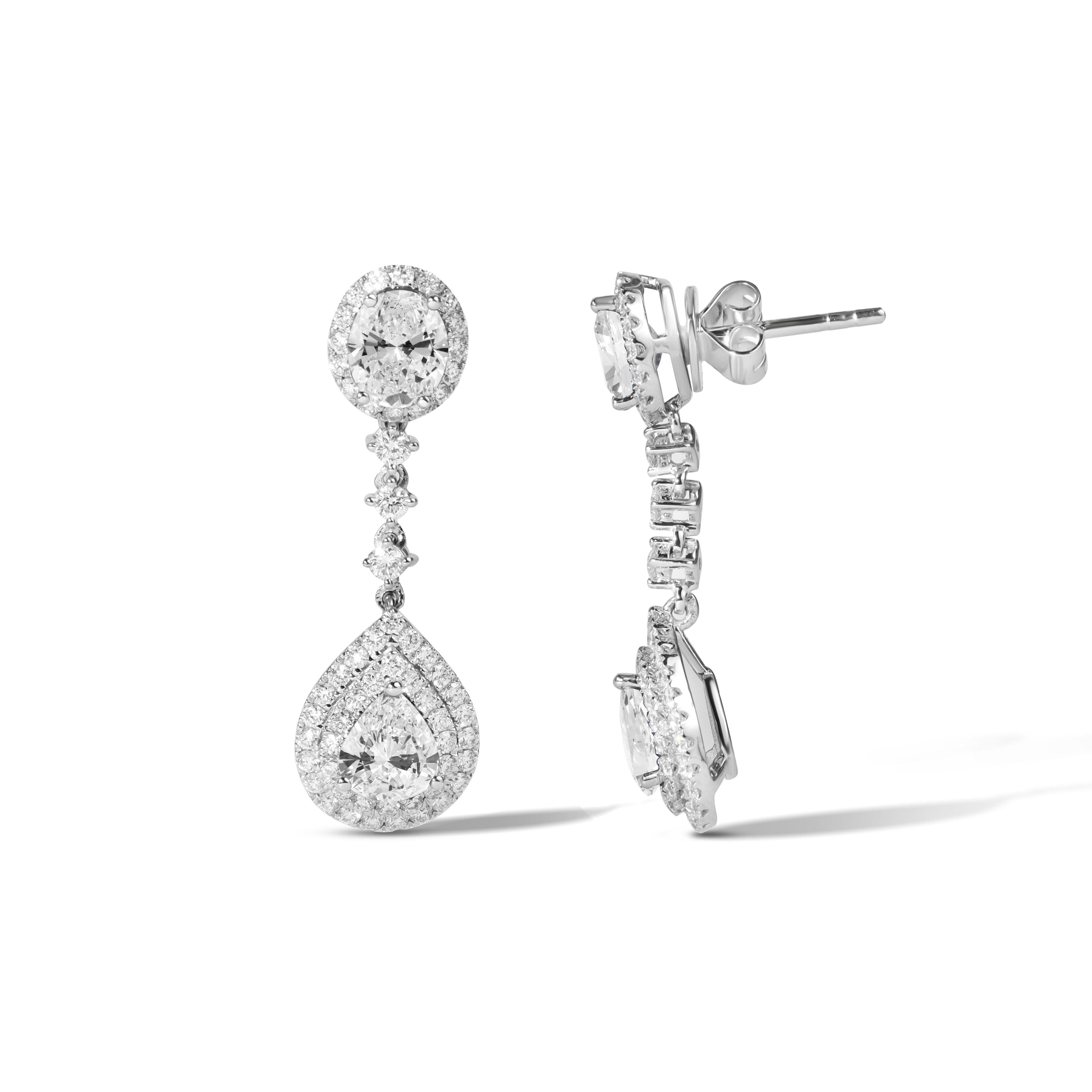Pear Cut GIA Certified 4TCW Pear &Oval-Cut Diamond Halo Dangle Earrings in 18K White Gold For Sale