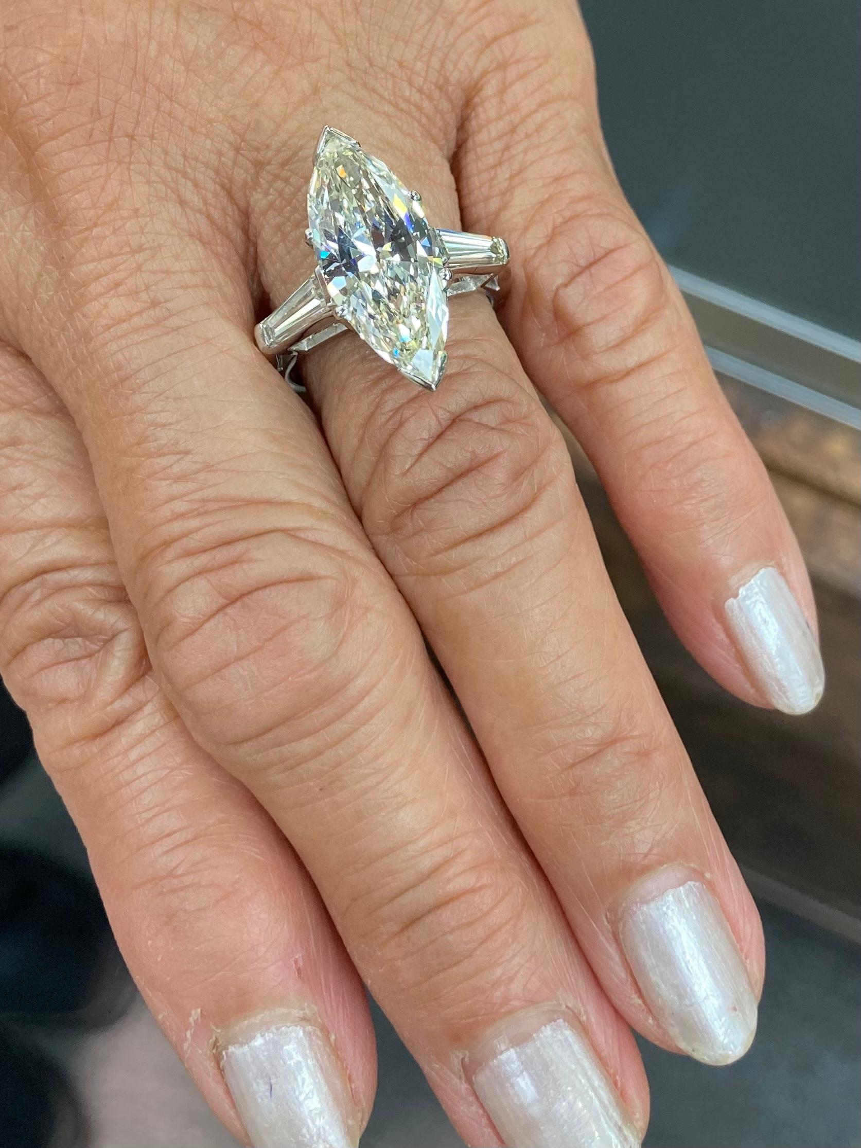 GIA Report Certified 4.63 Carat Marquise Diamond Platinum Engagement Ring In Good Condition In Los Angeles, CA