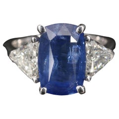 Art Deco 6.69 Carat Sapphire and Diamond White Gold Three Stone Ring Signet Ring