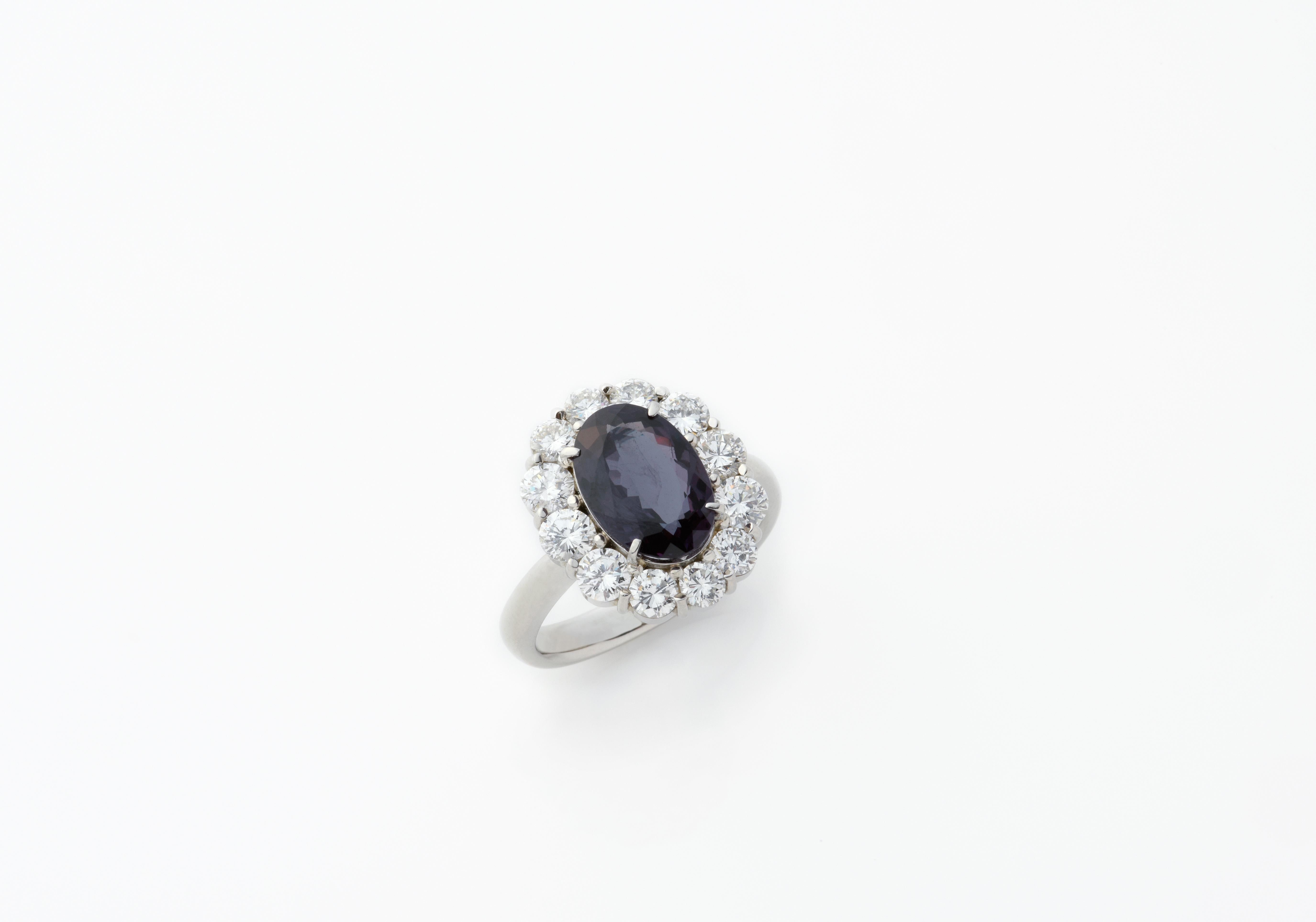 This one-of-a-kind marvel is a one-of-one in existence. Alexandrite at sizes greater than 1 carat are rarely found across all geographic sources, to begin with, but 1-carat stones from Brazil are even rarer.  The ring centers a beautiful and fine