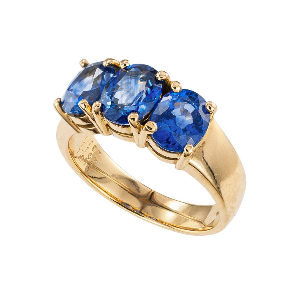 GIA report certified Ceylon sapphire and yellow gold three stone ring circa 1990.  Clear and concise information you want to know is listed below.  Contact us right away if you have additional questions.  We are here to connect you with beautiful