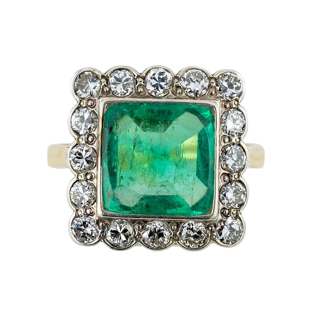 Art Deco GIA Report Certified Colombian Emerald Diamond Gold Silver Ring