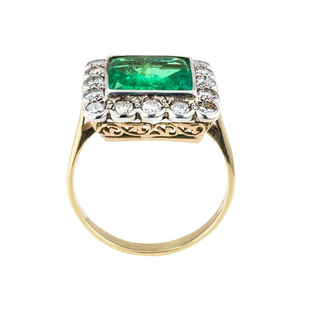 Square Cut GIA Report Certified Colombian Emerald Diamond Gold Silver Ring