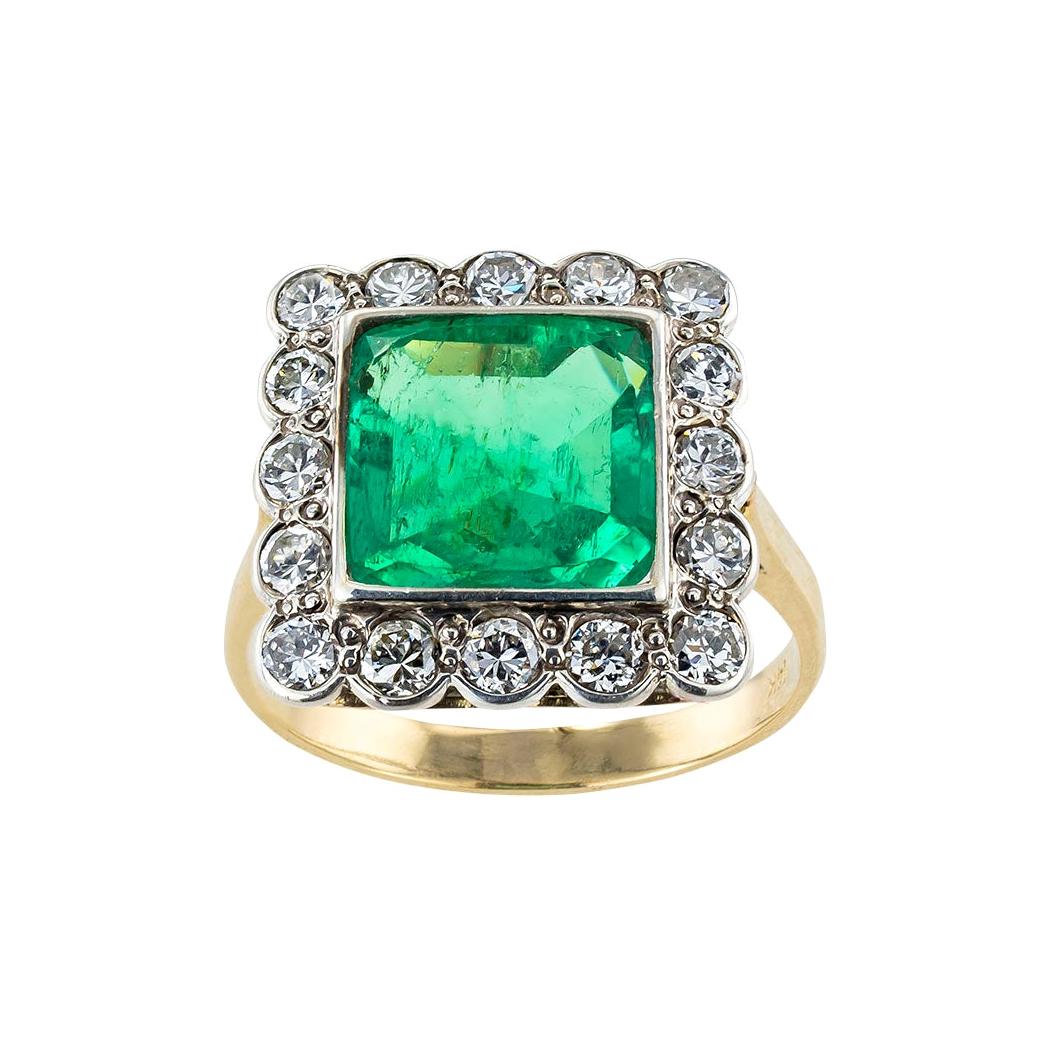 GIA Report Certified Colombian Emerald Diamond Gold Silver Ring