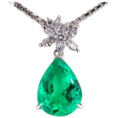 Vintage GIA Report Certified Colombian Emerald Diamond Platinum Pendant