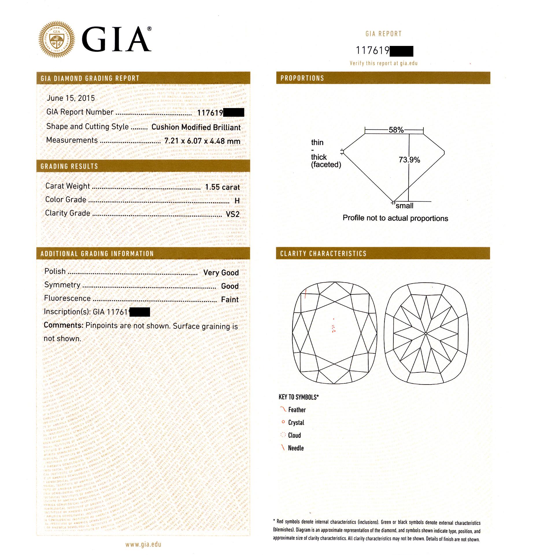 Cushion Cut GIA Report Certified Cushion Brilliant Cut Diamond 1.55 Carat For Sale