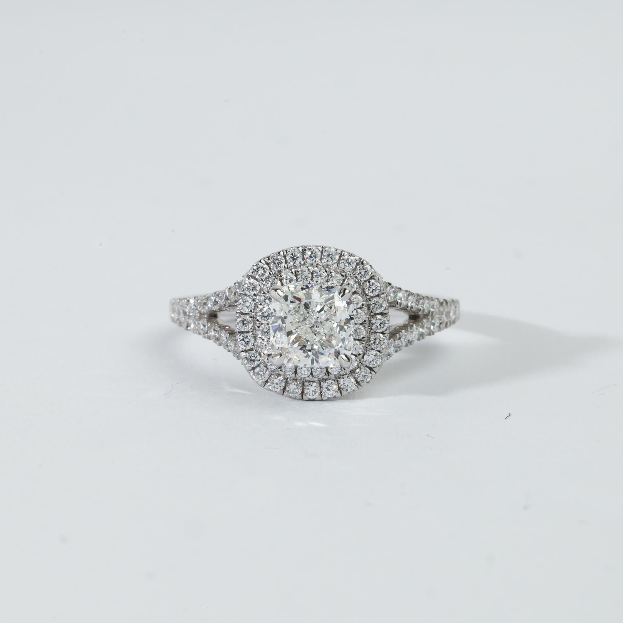 GIA Report Certified Cushion Cut E VVS Diamond Double Halo Ring in 950 Platinum

Same design can be made also with other custom gemstones per request.

Product details:

- 950 Platinum

- Main stone - GIA Report Certified 1 carat Cushion cut

-Side