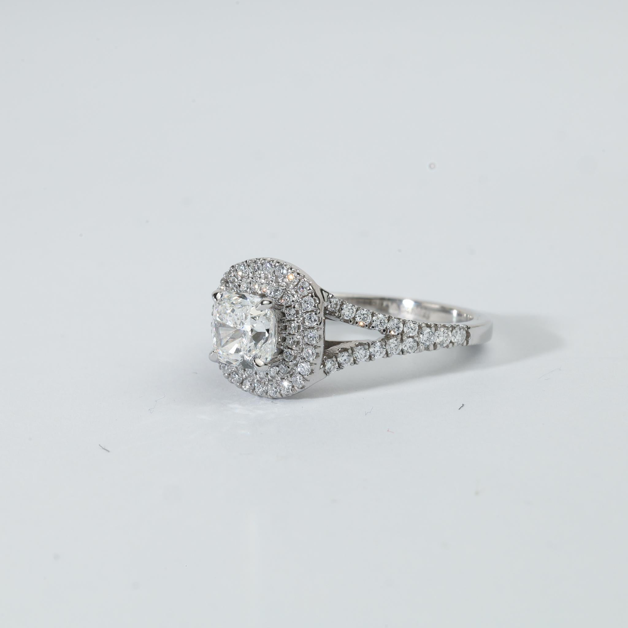 Art Deco GIA Report Certified Cushion Cut E VVS Diamond Double Halo Ring in 950 Platinum For Sale