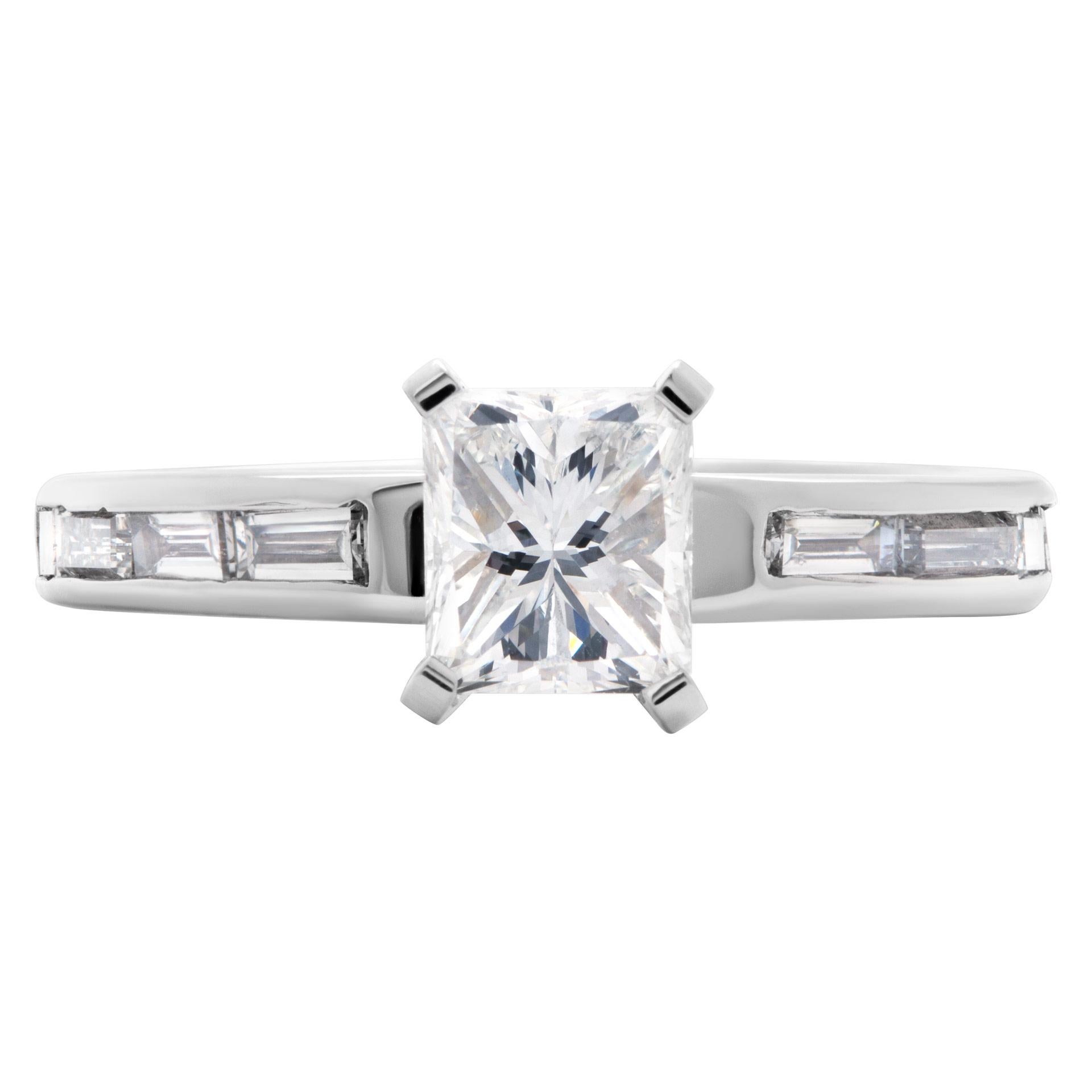 GIA report certified engagement ring cut-cornered rectangular modified brilliant cut diamond 1.01 carat G color, VS1 clarity set in 14k white gold setting with approx. 0.70 carat in side baguettes. Size 5.25 This GIA report certified ring is