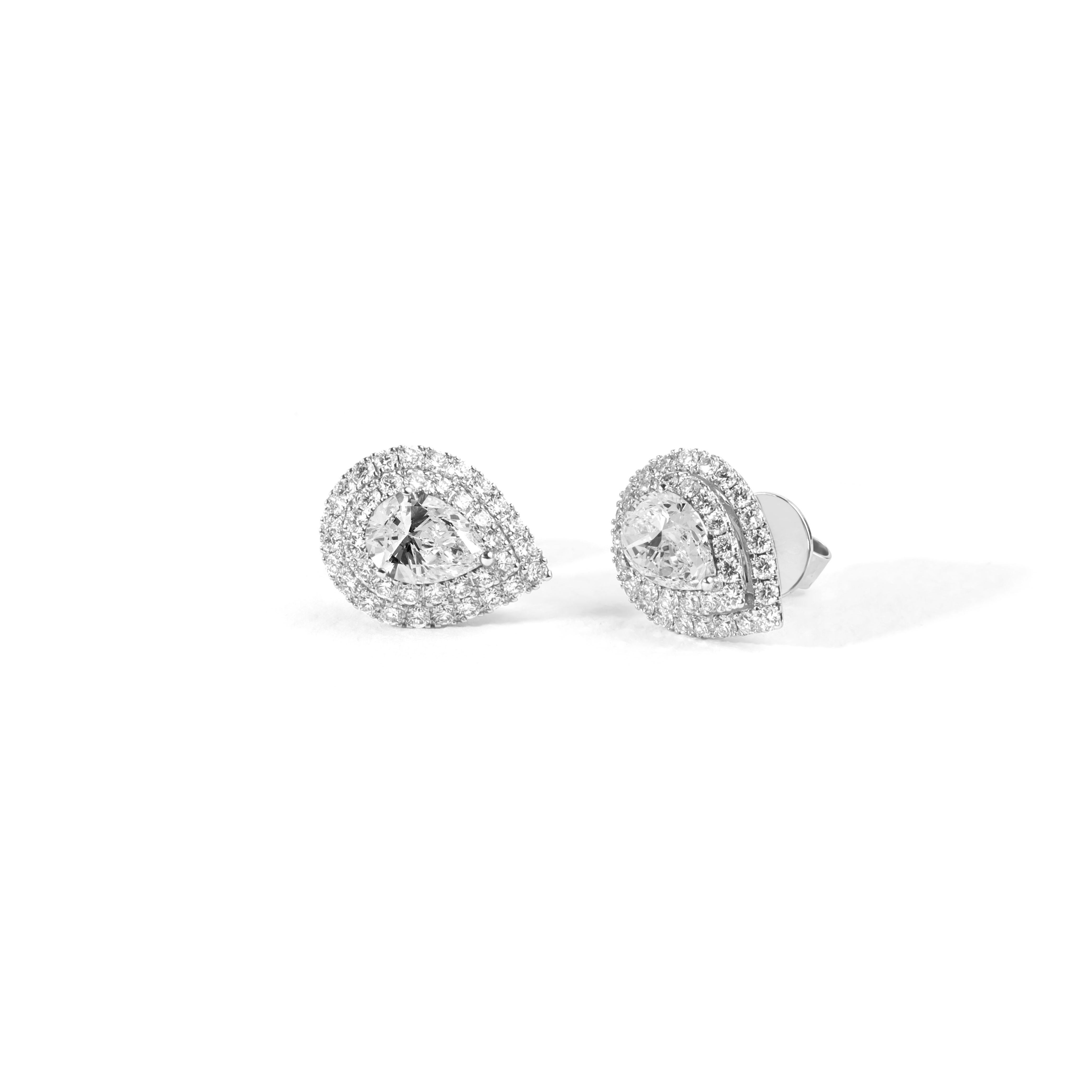 Oval Cut GIA Report Certified Diamond Double Halo Pear Cut Stud Earrings, 18k white gold For Sale