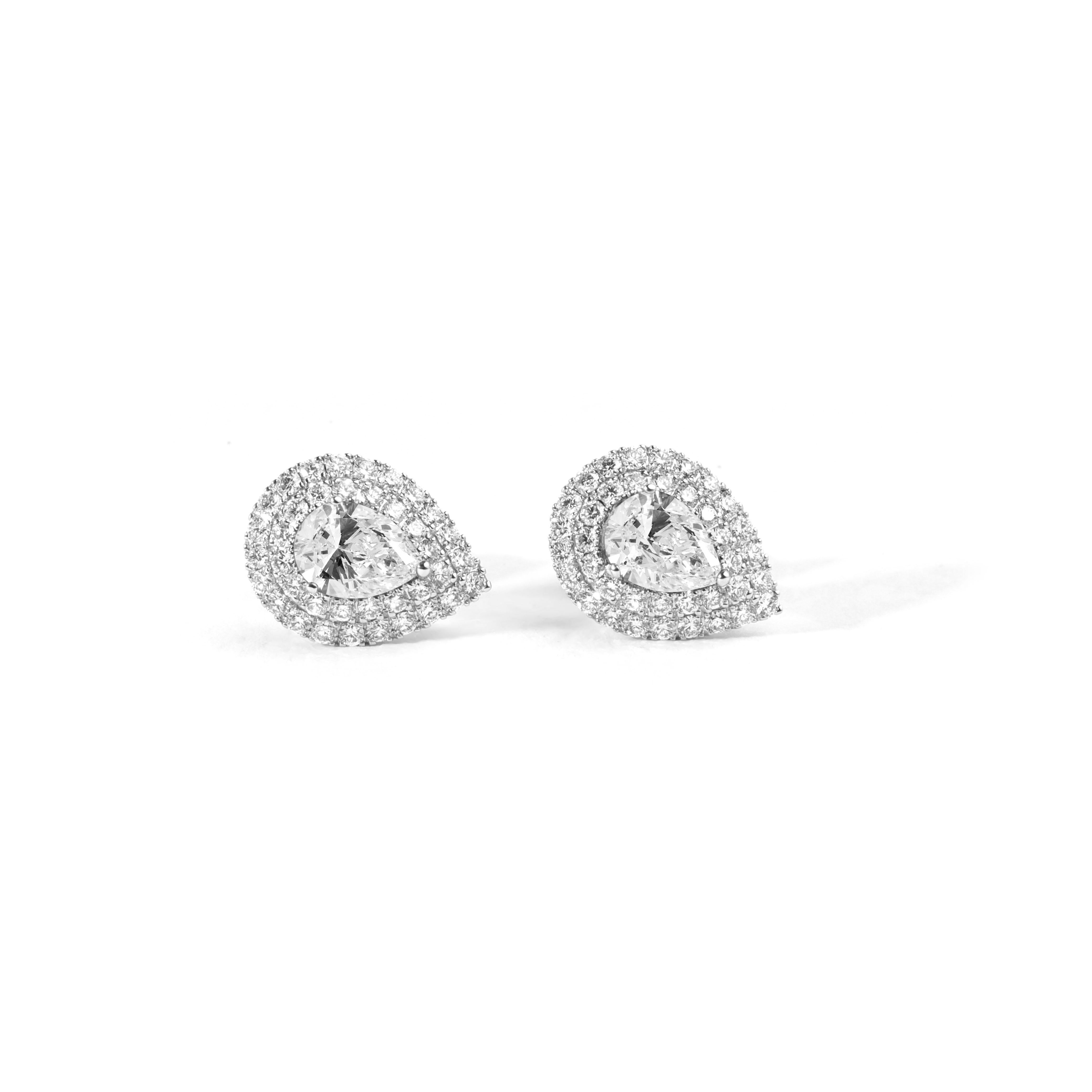 GIA Report Certified Diamond Double Halo Pear Cut Stud Earrings, 18k white gold In New Condition For Sale In Jaipur, RJ