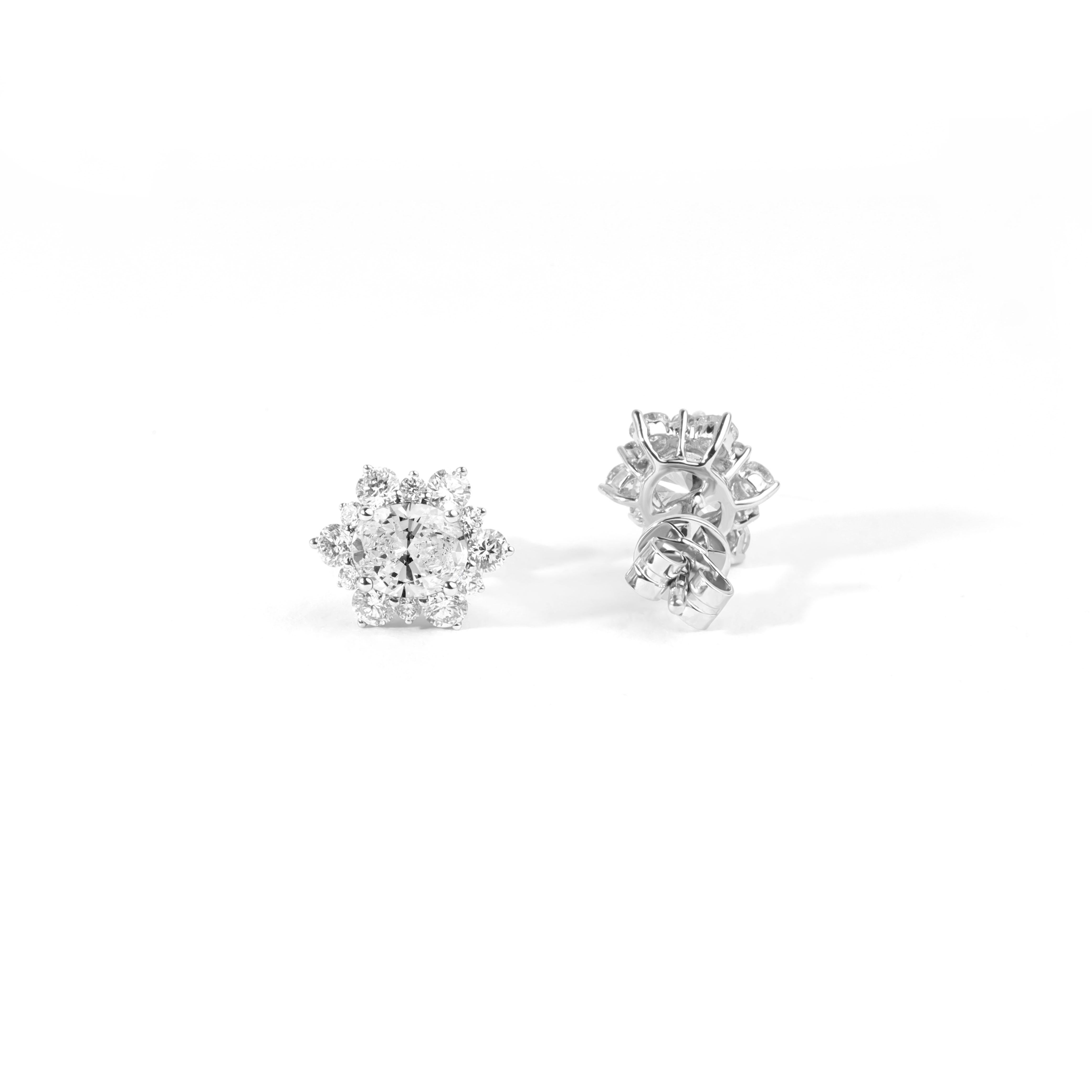 Women's GIA Report Certified Diamond Halo Oval Cut Stud Earrings, 18k white gold For Sale
