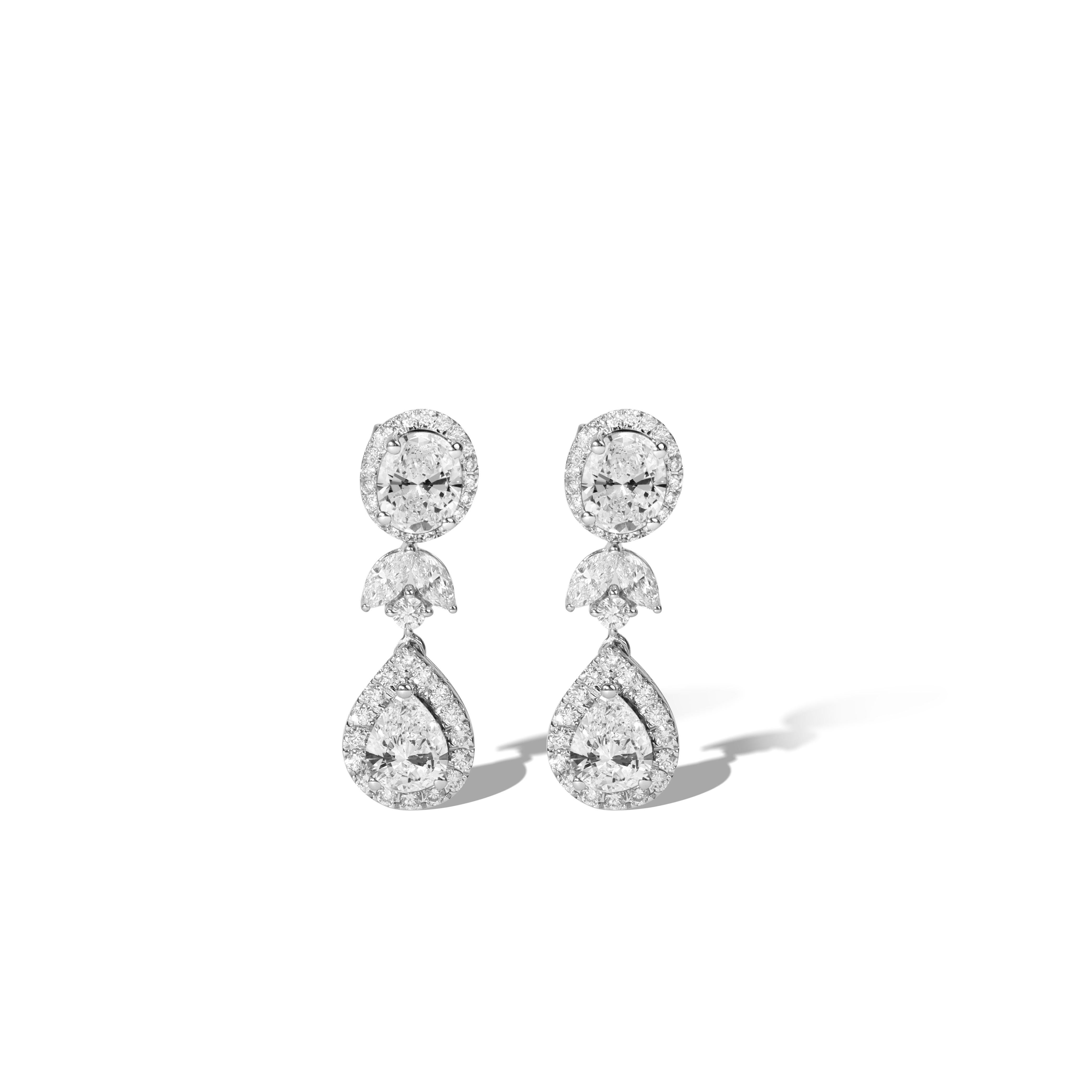 Pear Cut GIA Certified 4tcw Pear &Oval-Cut Diamond Halo Dangle Earrings in 18K White Gold For Sale