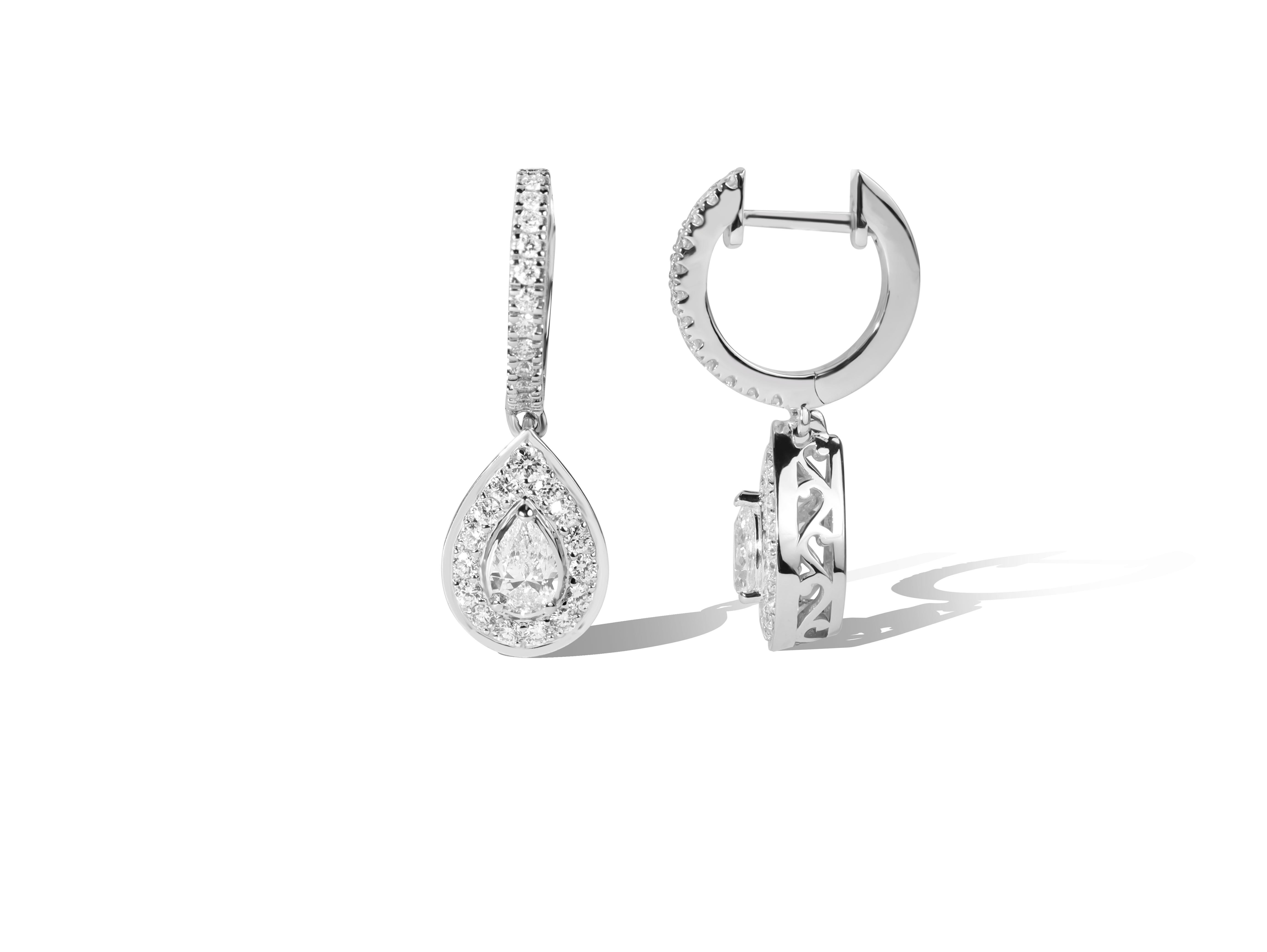 Art Deco GIA Report Certified E VVS Diamond Teardrop Pear Cut Halo Hoop Dangle Earrings For Sale