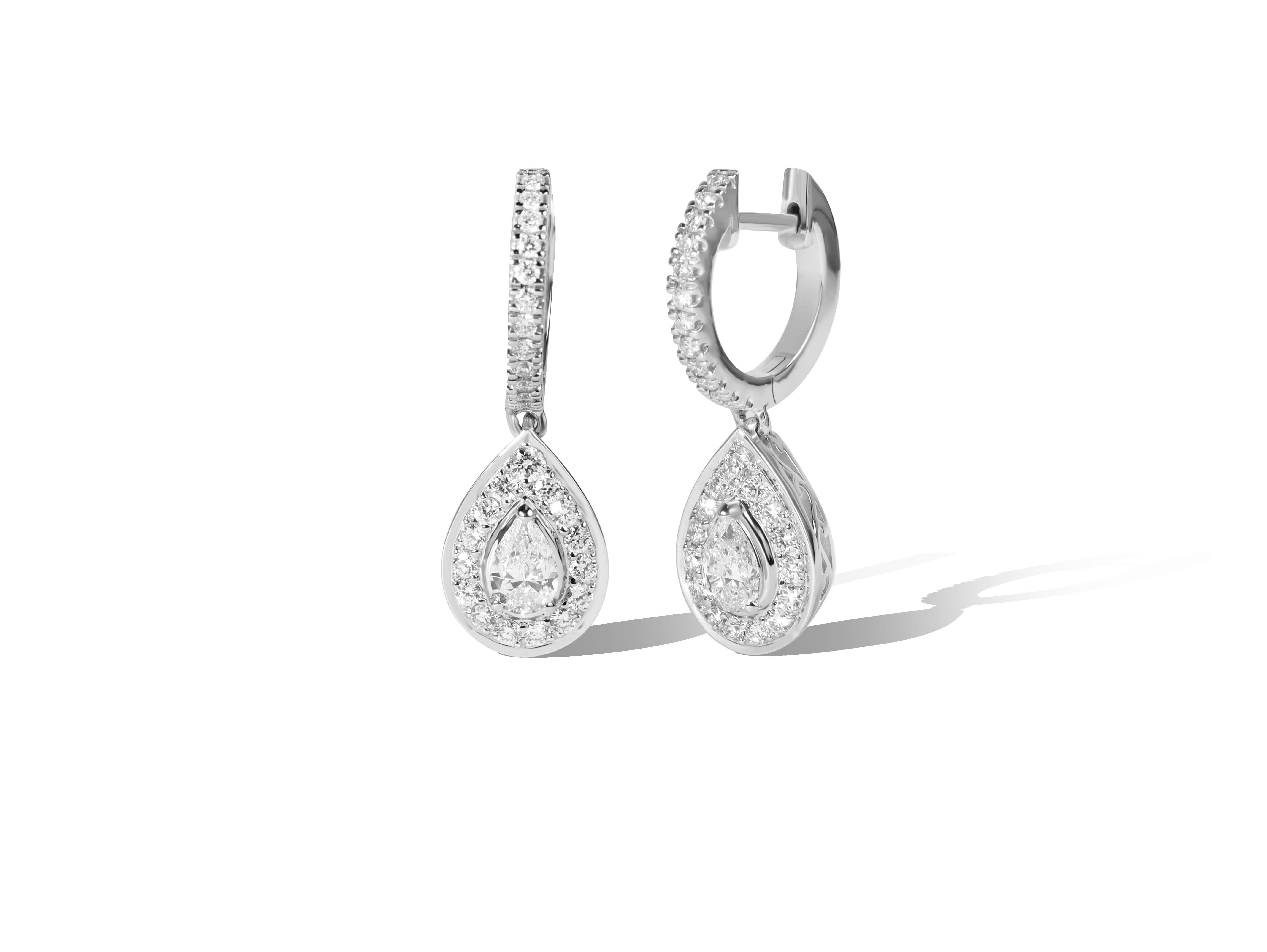 Round Cut GIA Report Certified E VVS Diamond Teardrop Pear Cut Halo Hoop Dangle Earrings For Sale