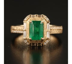 GIA Report Certified Emerald and Diamond Yellow Gold Engagement Ring Bridal Ring